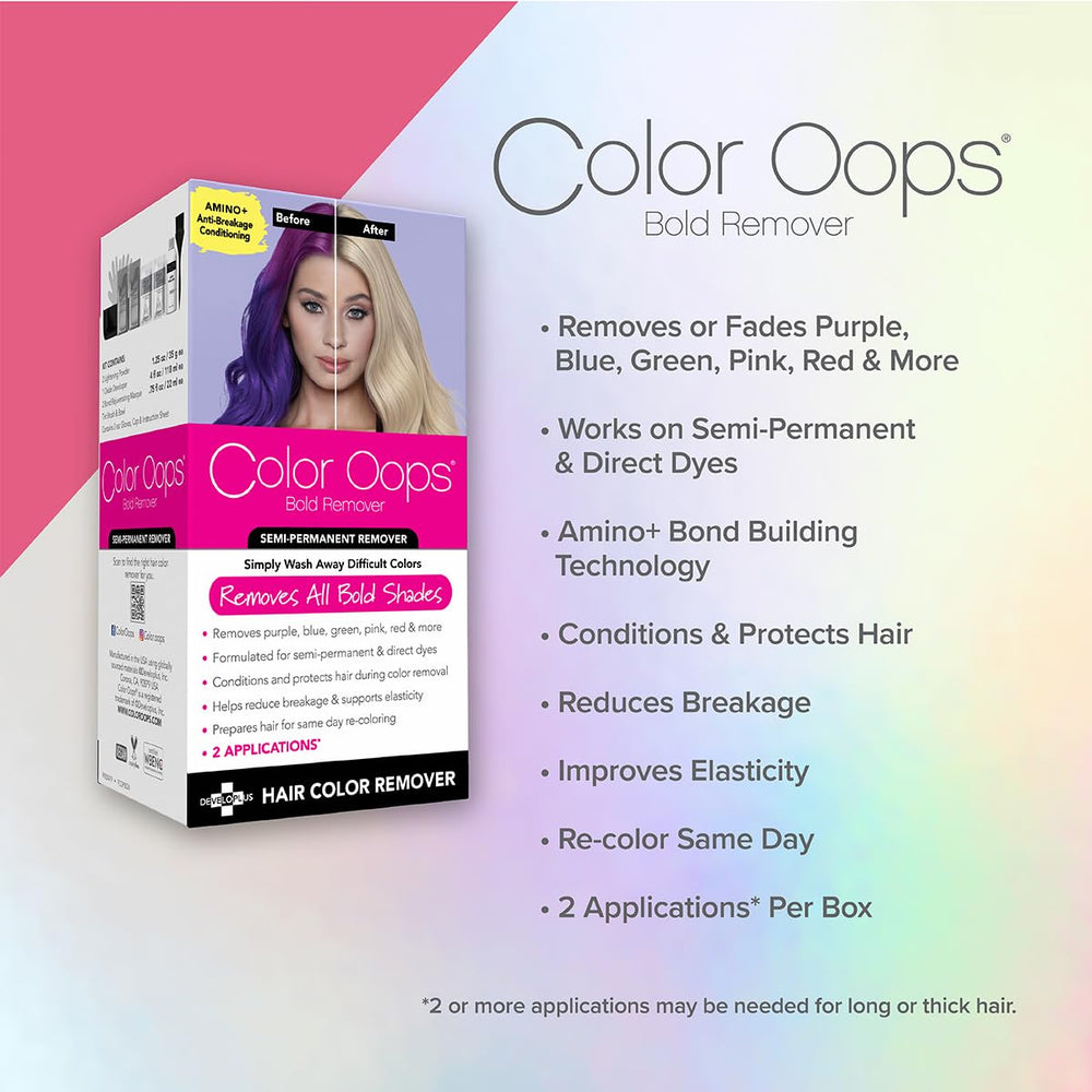 Color Oops Bold Remover pour cheveux longs, inclus deux applications pour colorations tenaces.