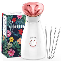 Colorfarm Steamer nano ionique prépare le soin visage avec une brume fine efficace.