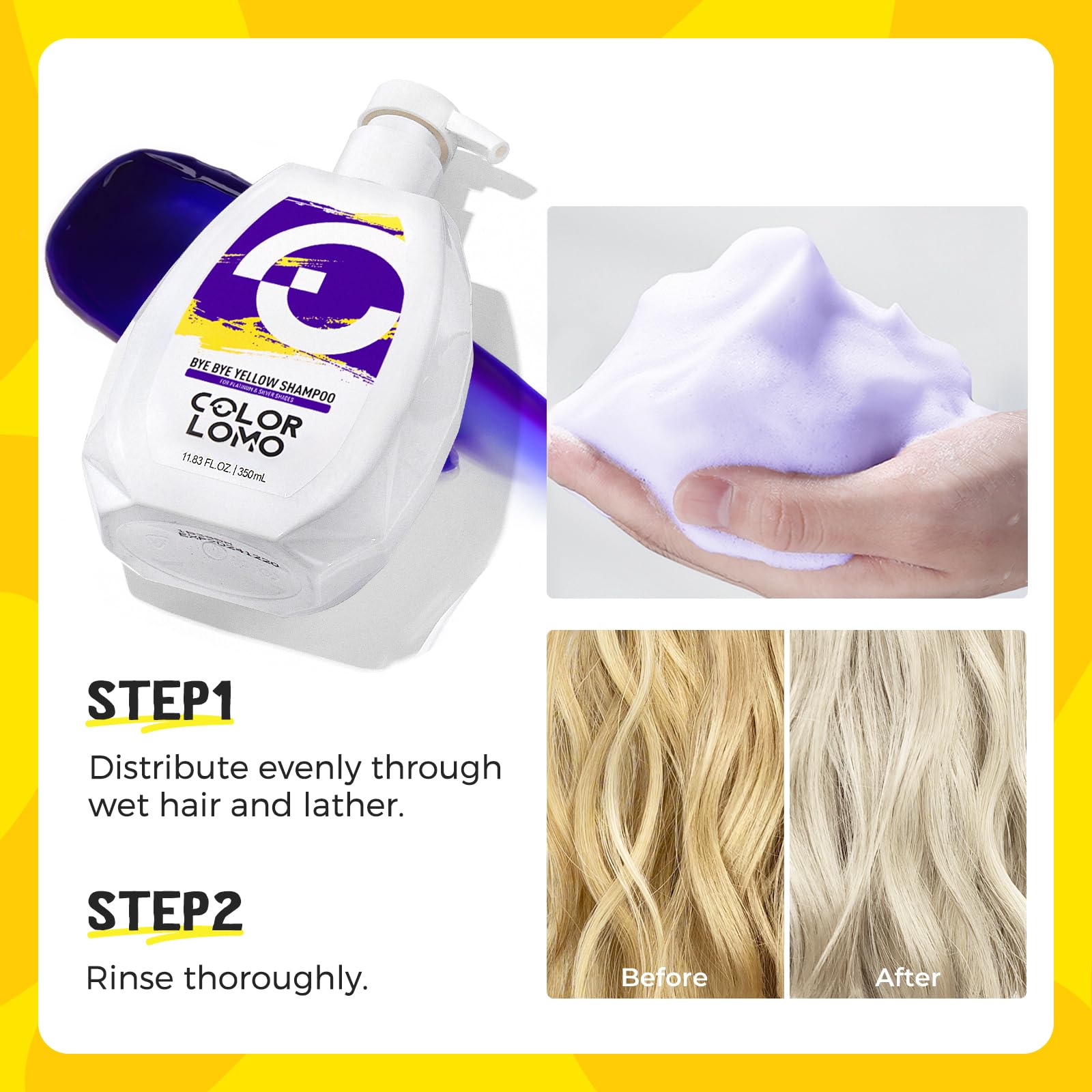 Routine d’application COLORLOMO Bye Bye Yellow Shampoing Violet étape par étape