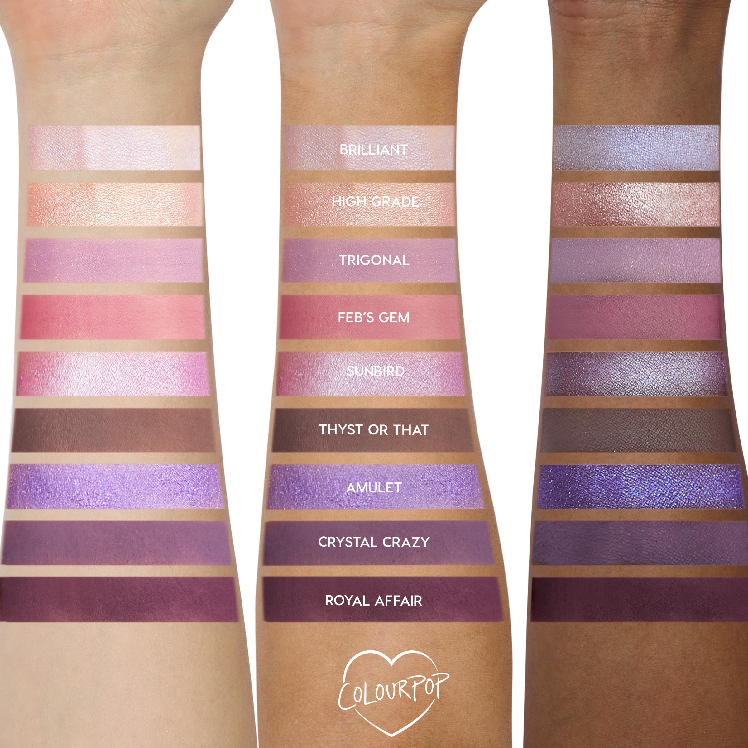 Rendu duo chrome sur ColourPop All Amethyst, rose violet scintillant.