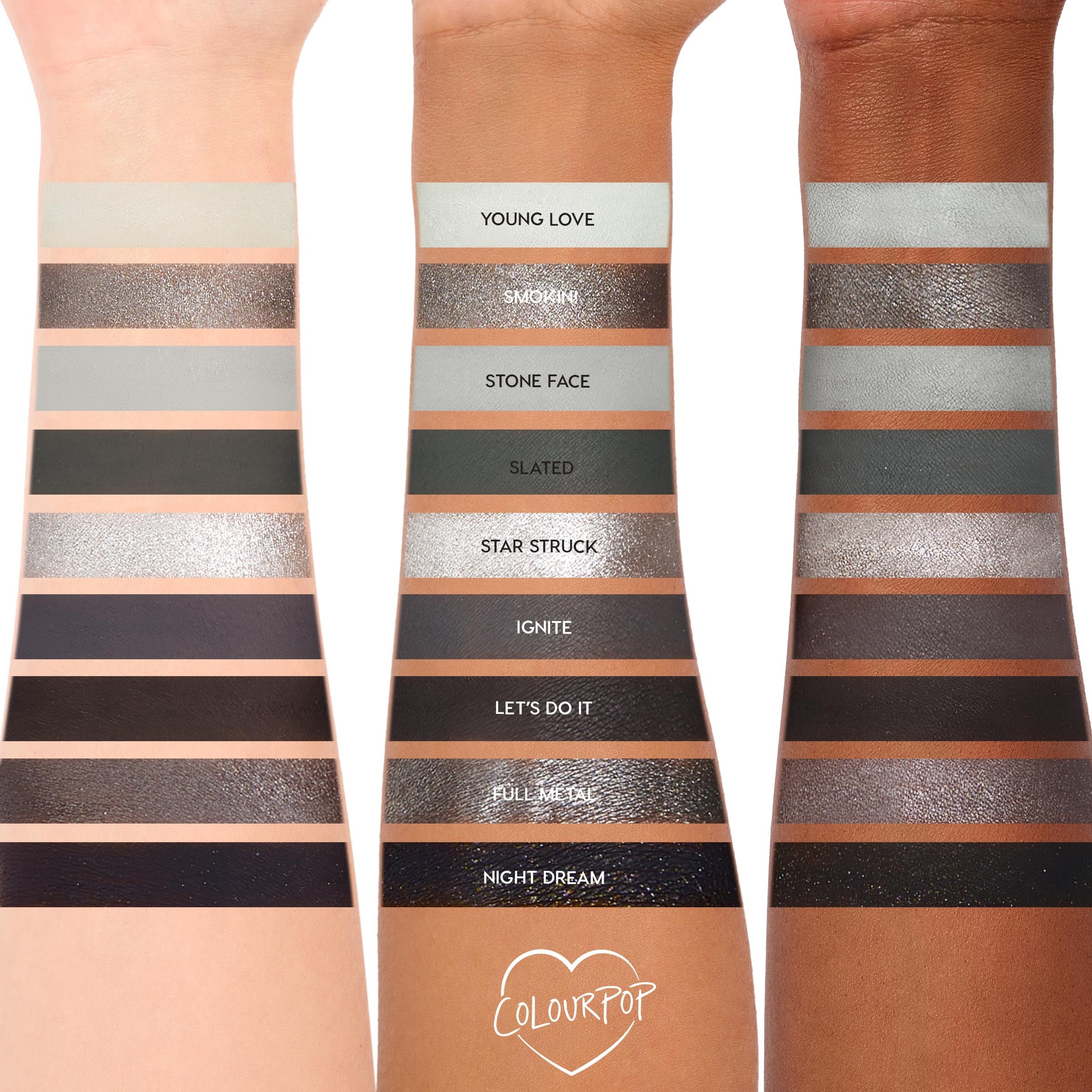 ColourPop Blowin' Smoke, teintes grises mates pour un regard fumé progressif et maîtrisé.