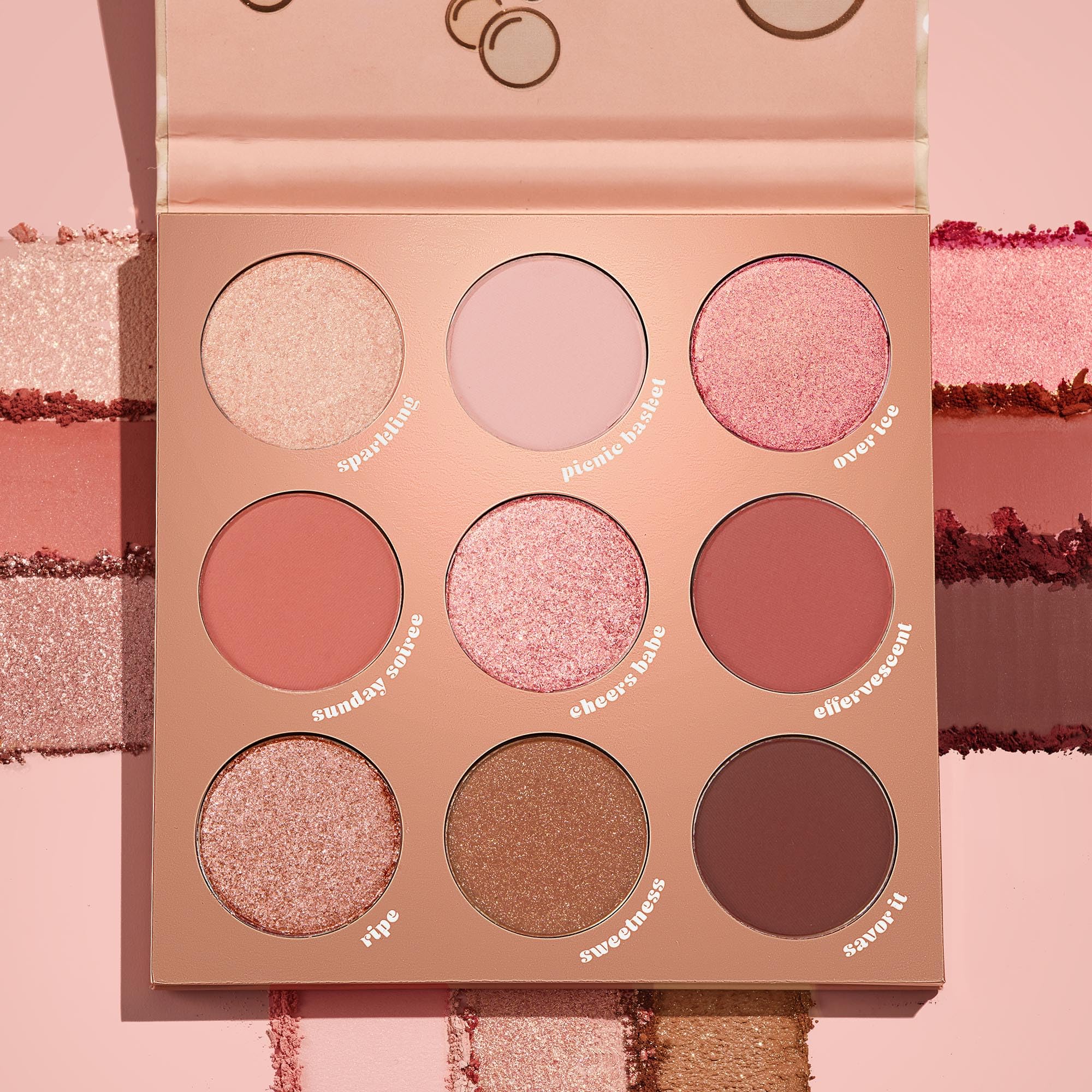 Échantillons métalliques ColourPop By The Rosé, finitions scintillantes pour accent lumineux.