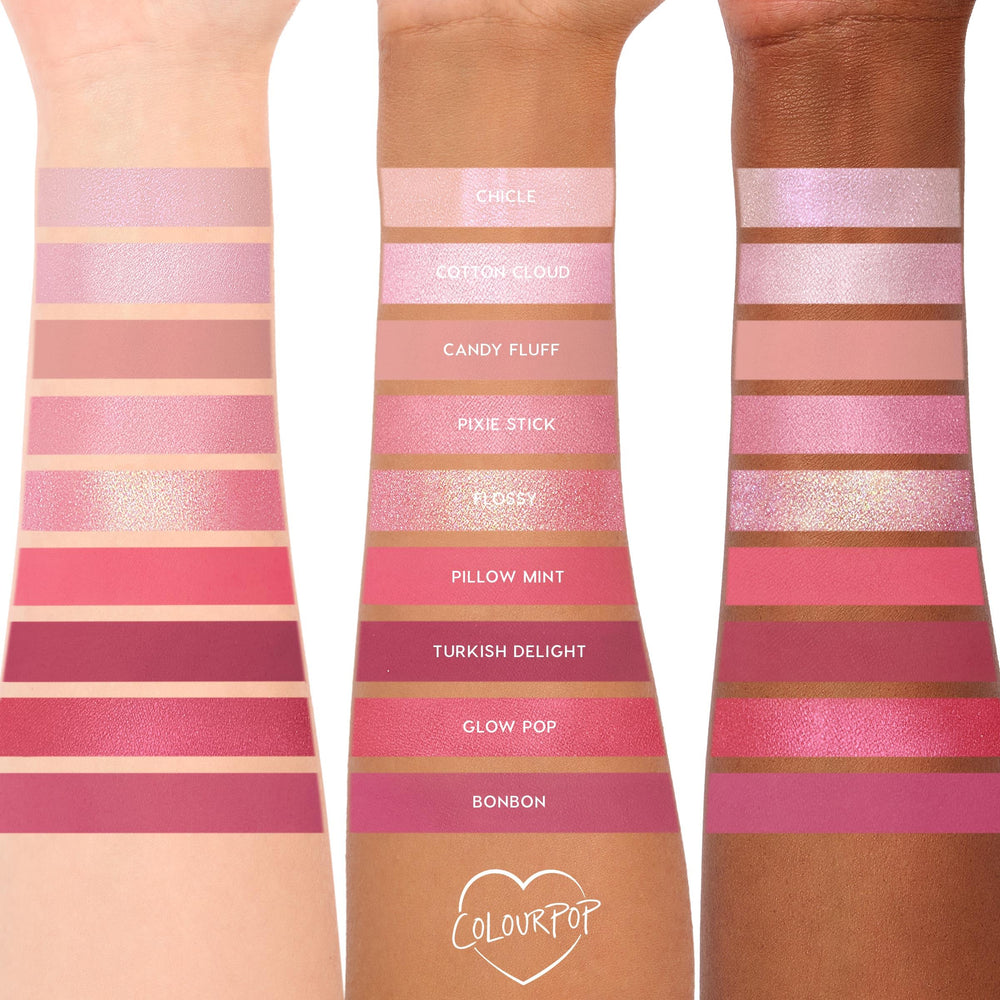 ColourPop Cloud Spun swatches reveal true color on skin.