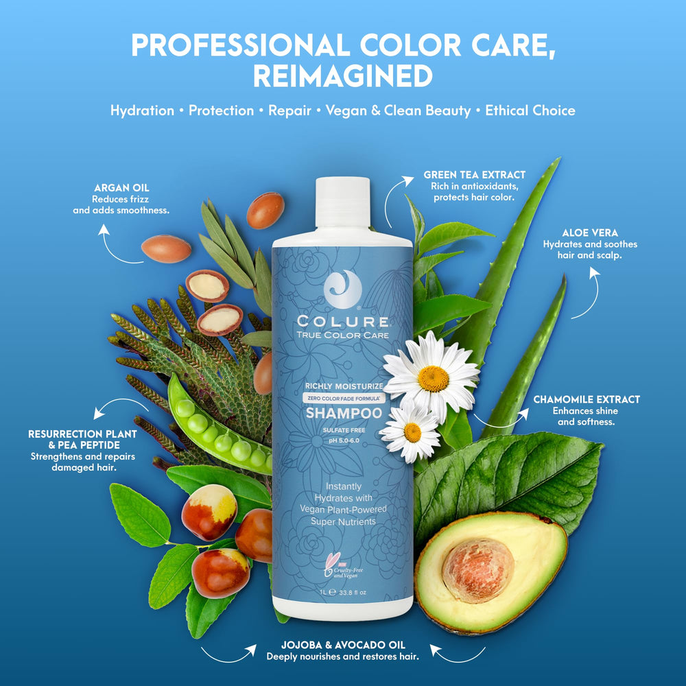 Shampooing Colure Richly Moisturize : formule végane soutenant la santé du cuir chevelu.