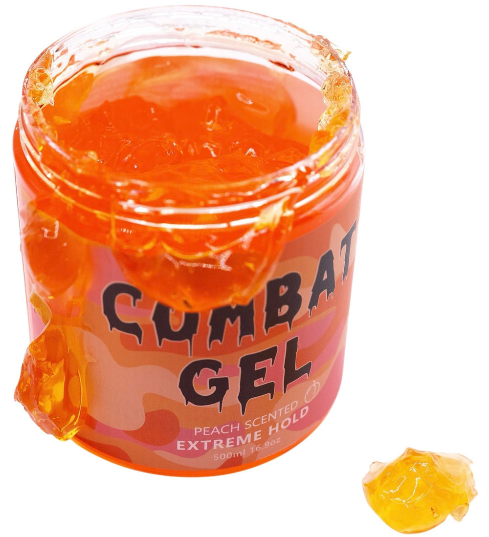 Combat Gel Peach Extreme Hold bottle back highlighting alcohol-free cruelty-free formula