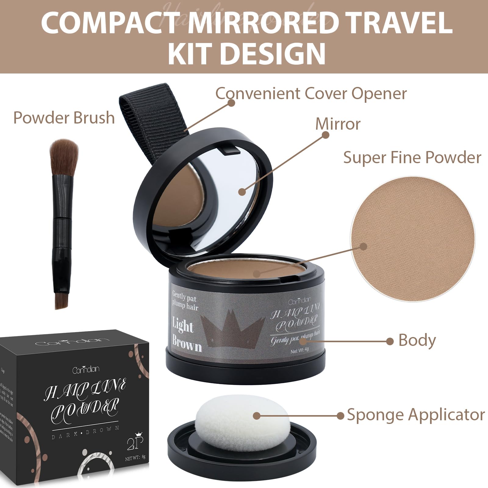 Comdian poudre ligne cheveux brun clair emballage double pratique et économique