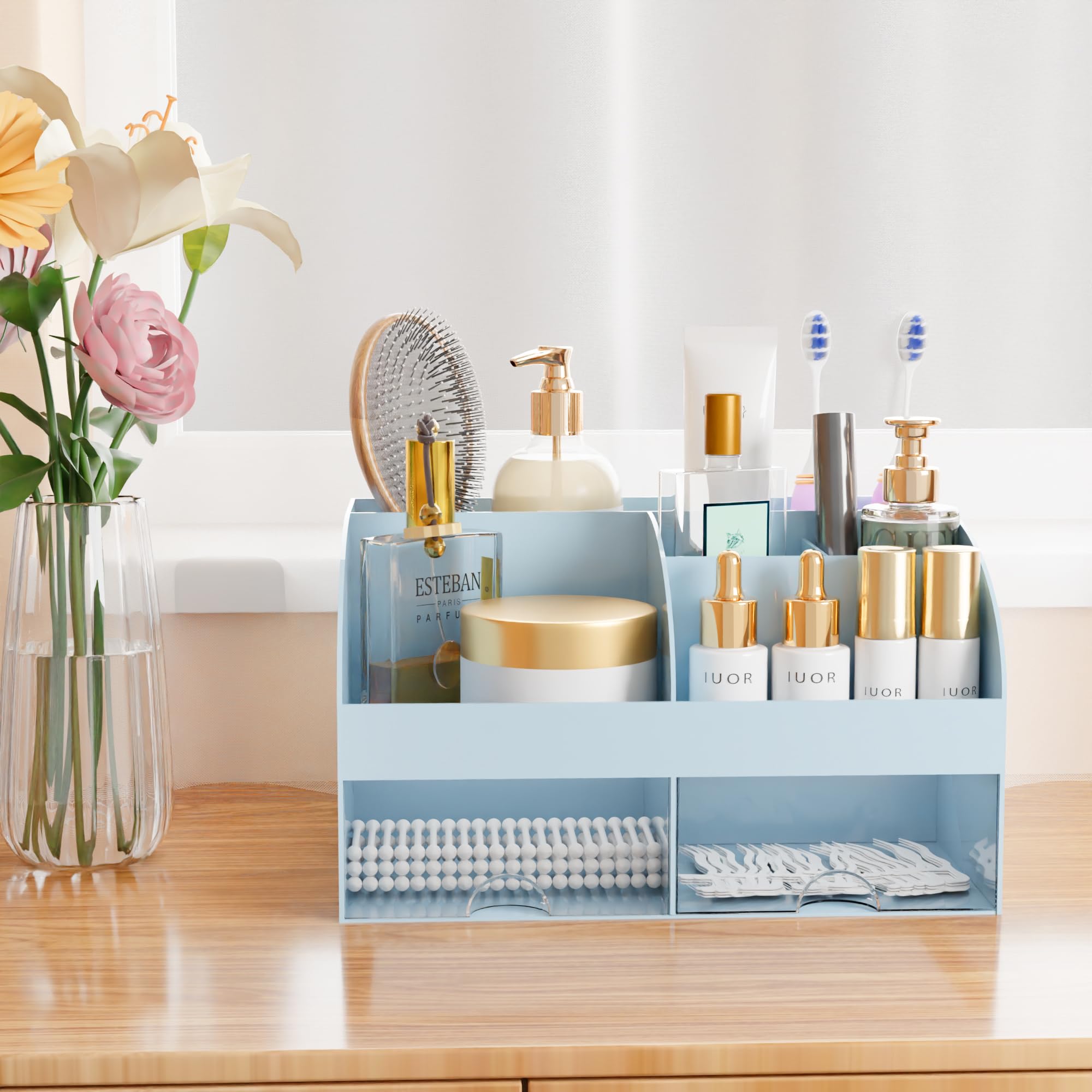 COMFYROOM Coffret maquillage bureau bleu, surface facile à nettoyer et durable.