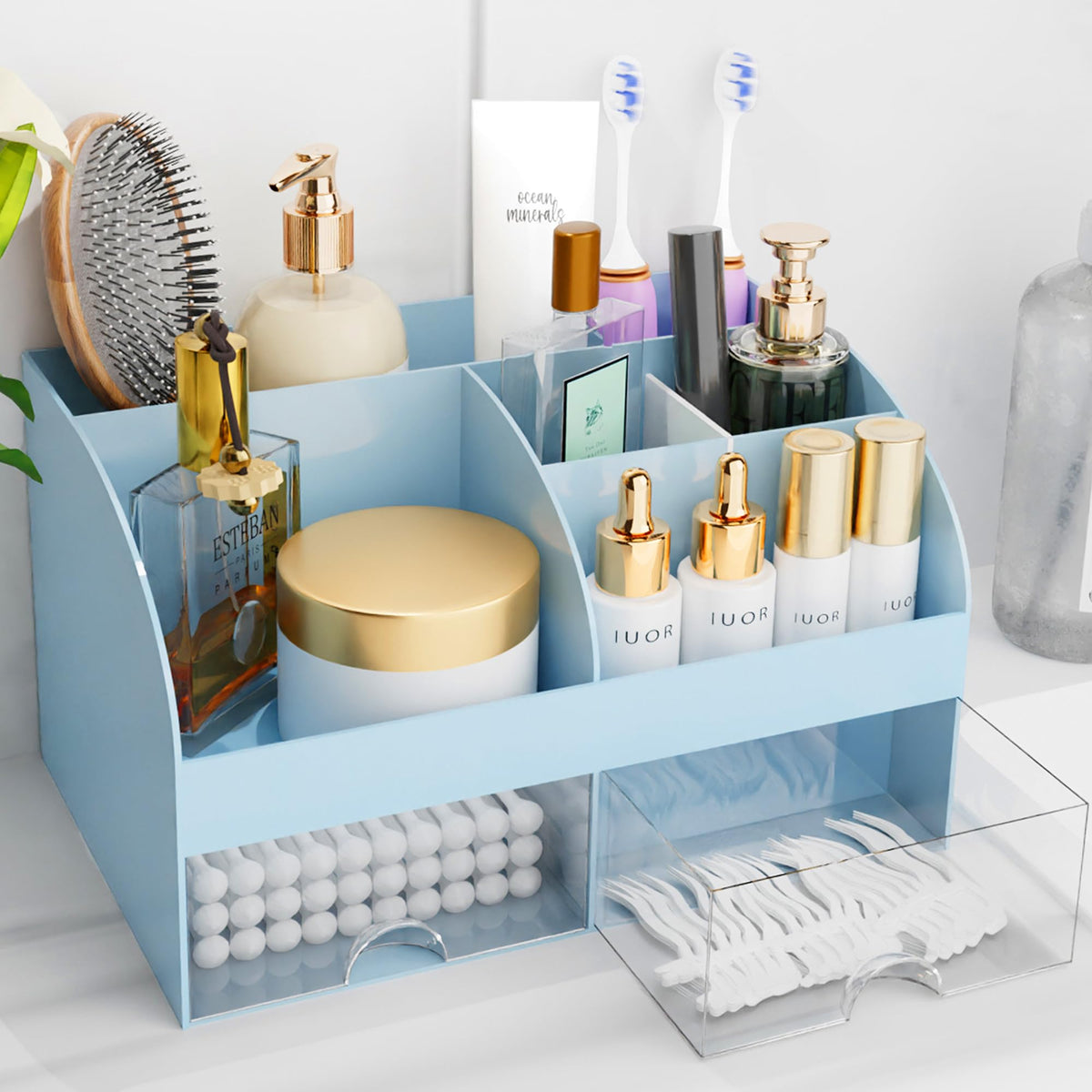 COMFYROOM Organisateur maquillage tiroirs bleu, rangement pratique pour vanity et salle de bain.