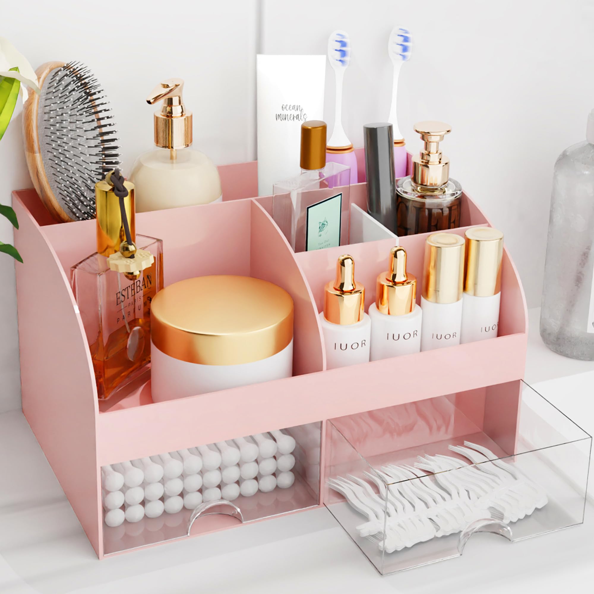 COMFYROOM organisateur maquillage rose avec tiroirs pour ranger rouges à lèvres et pinceaux