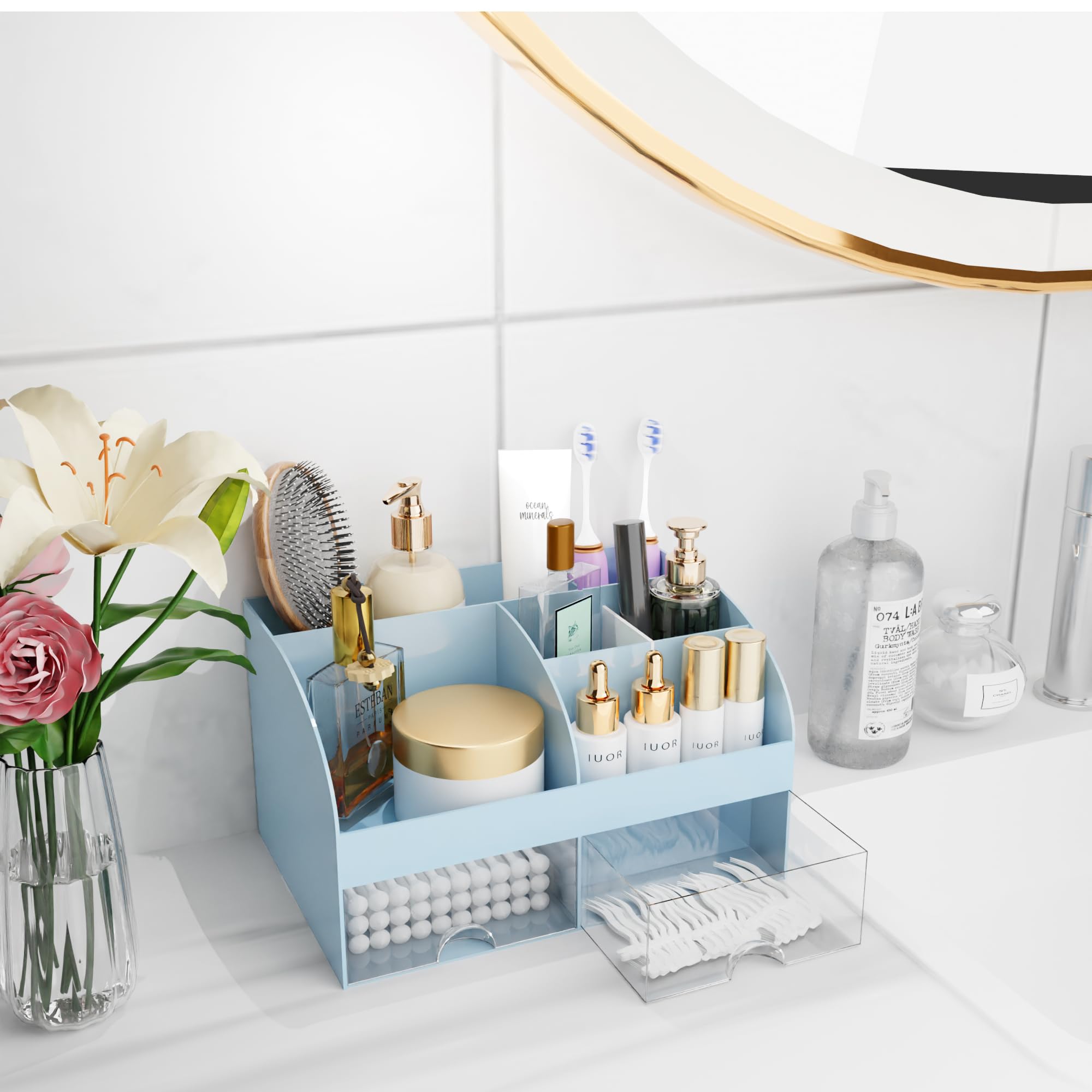 COMFYROOM Organisateur soin visage bleu, idéal pour lotions et petits produits.