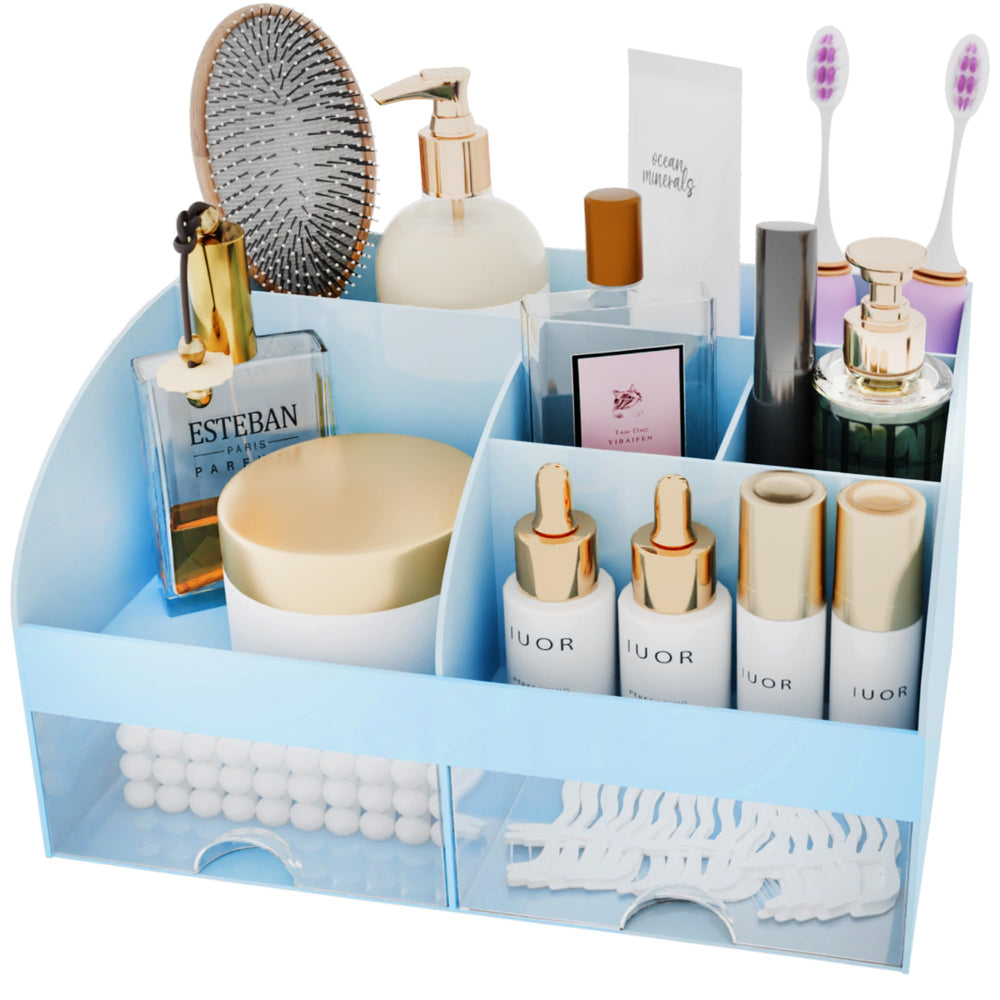 COMFYROOM Rangement beauté dressing bleu, accès rapide aux cosmétiques sur le bureau.