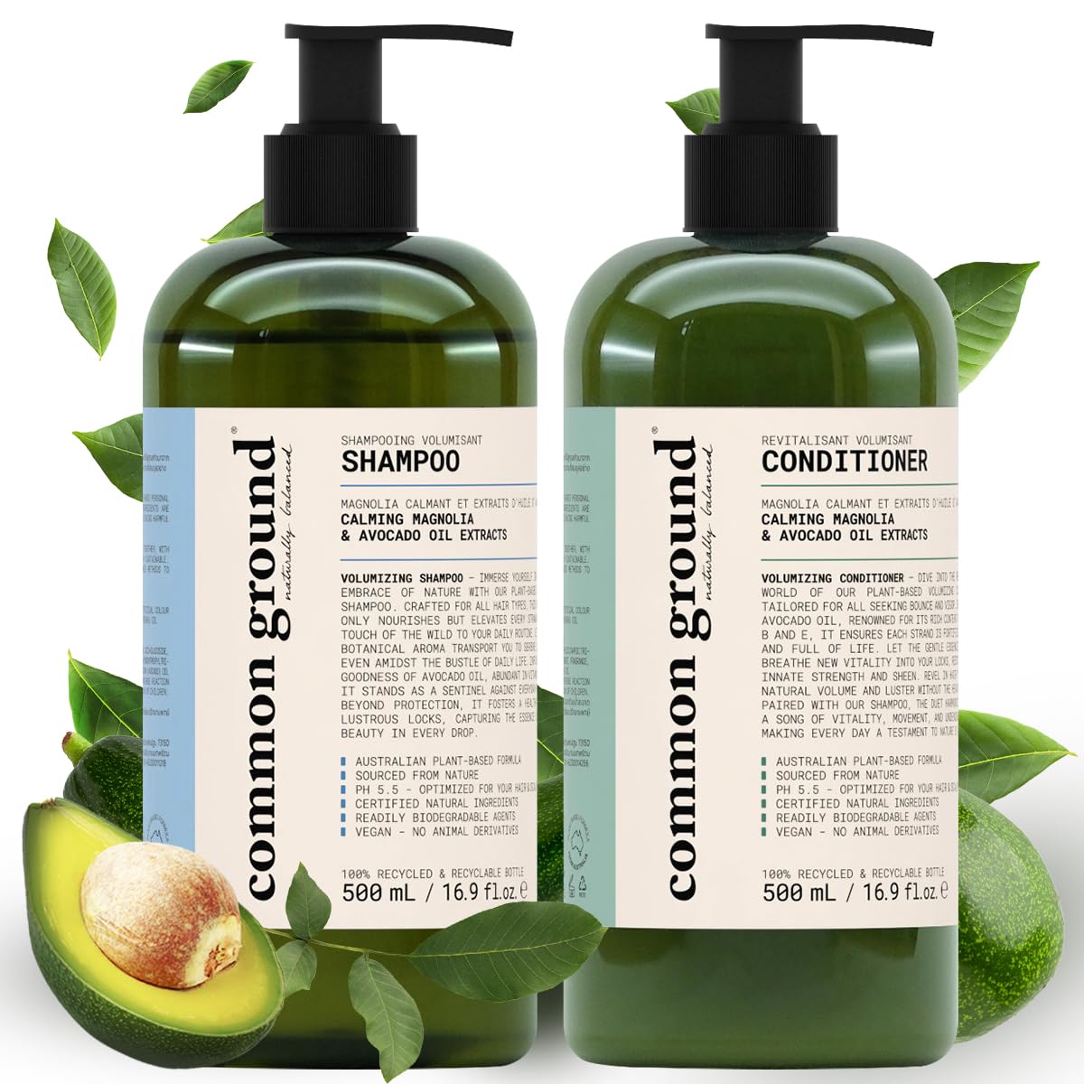 Shampoing volume Common Ground dans une bouteille, hydratant et apportant du corps.