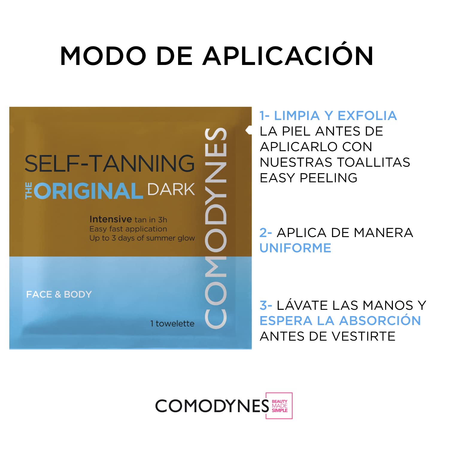 Utilisation facile des lingettes auto-bronzantes Comodynes pour un bronzage rapide.