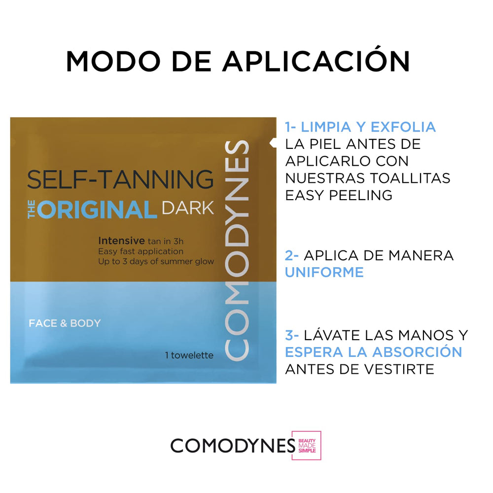 Utilisation facile des lingettes auto-bronzantes Comodynes pour un bronzage rapide.