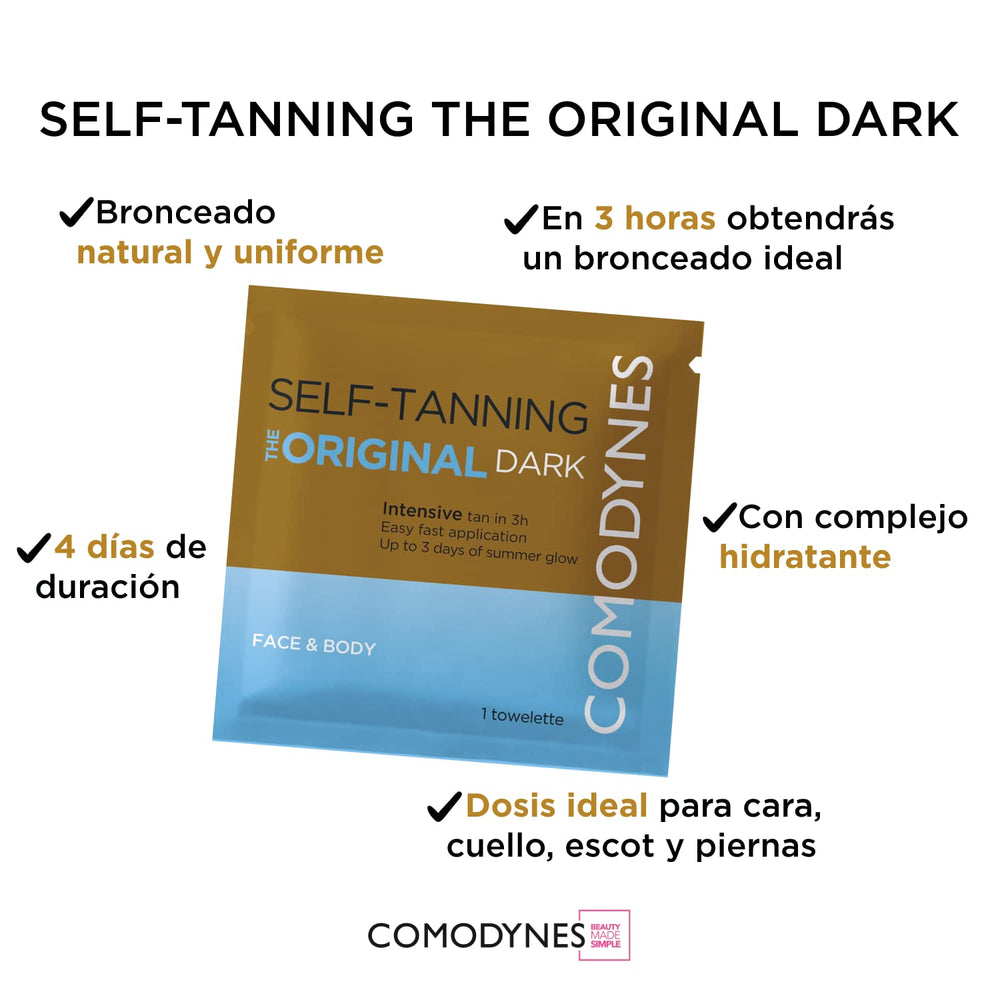 Lingettes auto-bronzantes Comodynes pour le visage et le corps; application naturelle.
