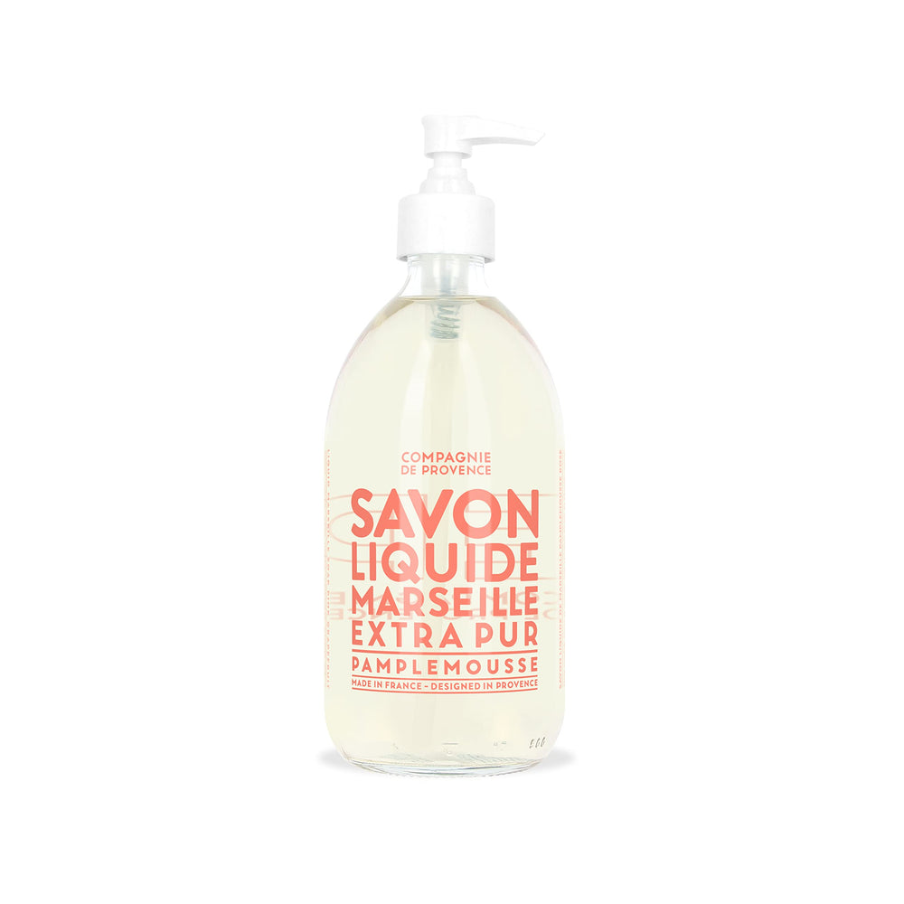 Savon liquide Compagnie de Provence au pamplemousse rose dans flacon pompe pratique.