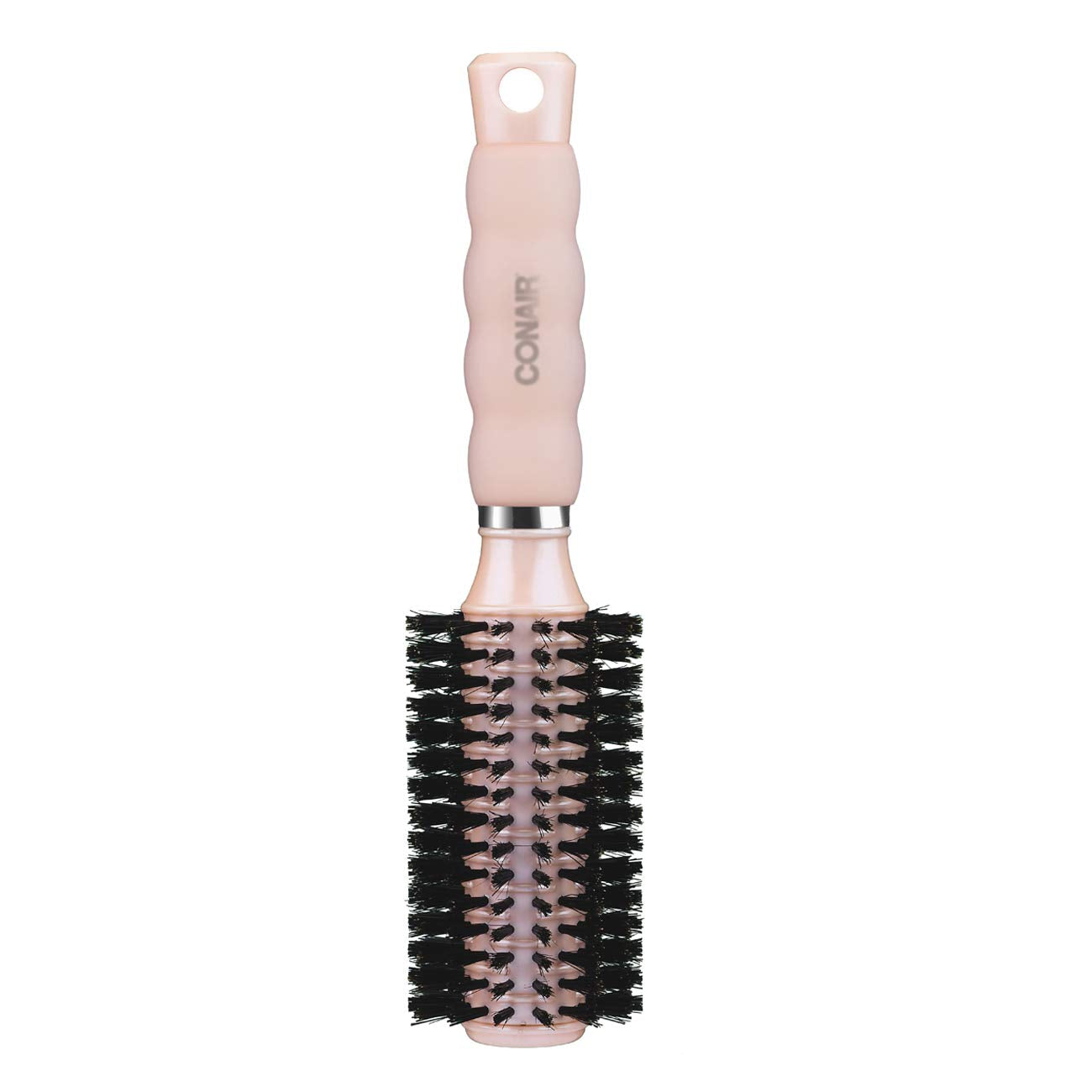 Brosse Conair ronde à poils nylon facilitant le démêlage sans accrocher les nœuds.