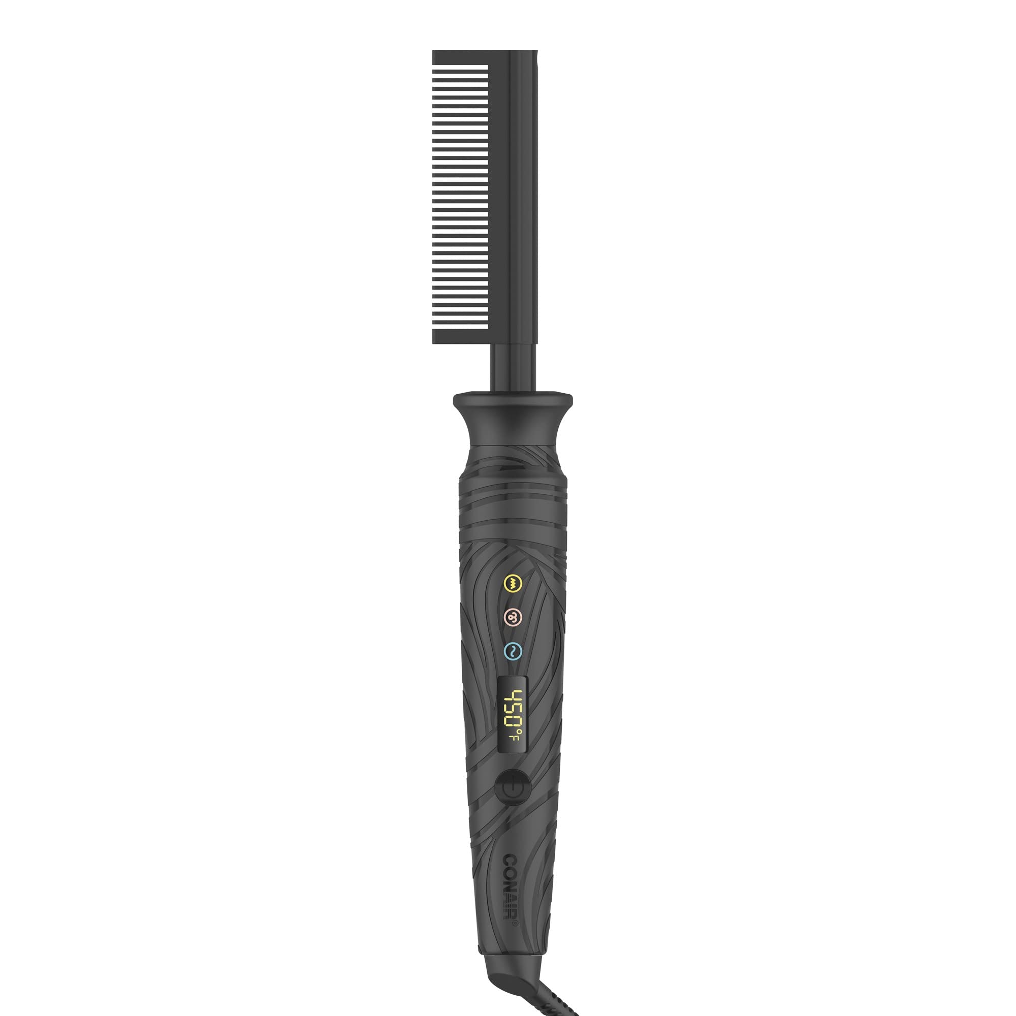 Conair Curl Collective, gros plan sur le peigne chauffant céramique pour un lissage précis.