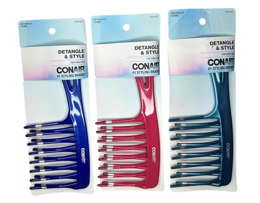 Peigne démêlant Conair, lot de 3, idéal pour cheveux épais et bouclés.
