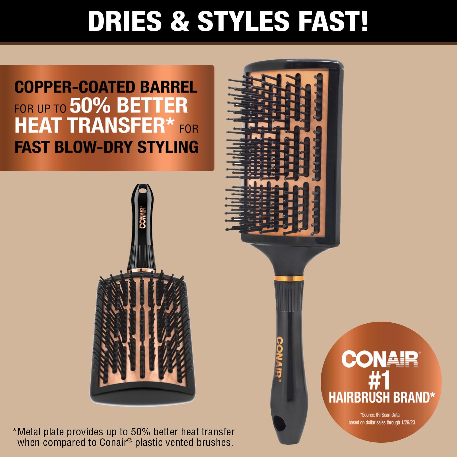 Conair plaque cuivre améliore la conduction de chaleur pour un brushing efficace.