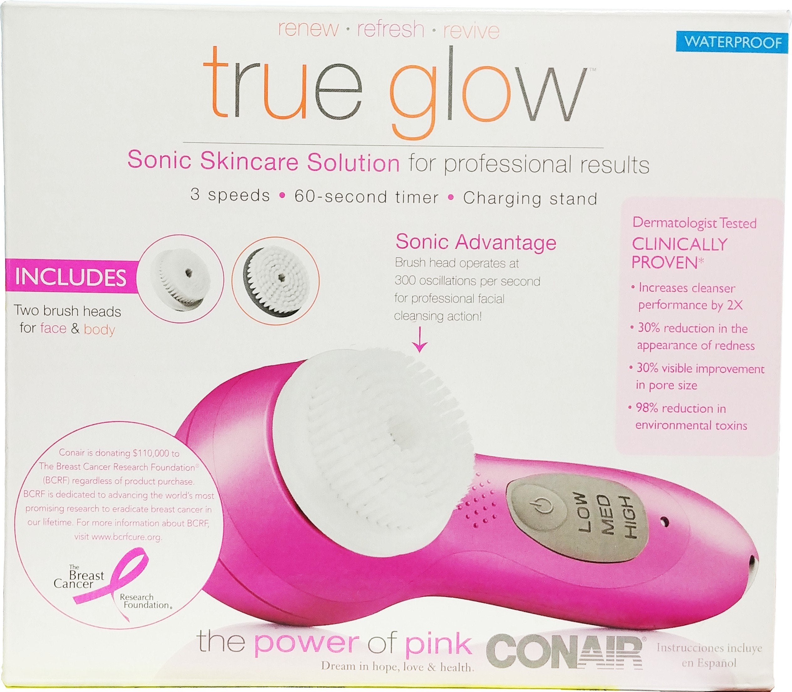Conair True Glow brosse faciale sonique, premier plan montrant le design et le nettoyage en douceur.