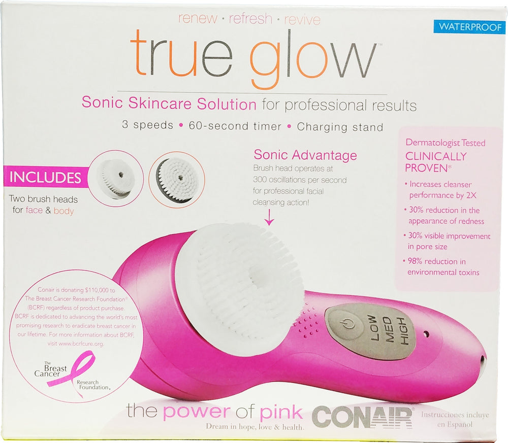 Conair True Glow brosse faciale sonique, premier plan montrant le design et le nettoyage en douceur.