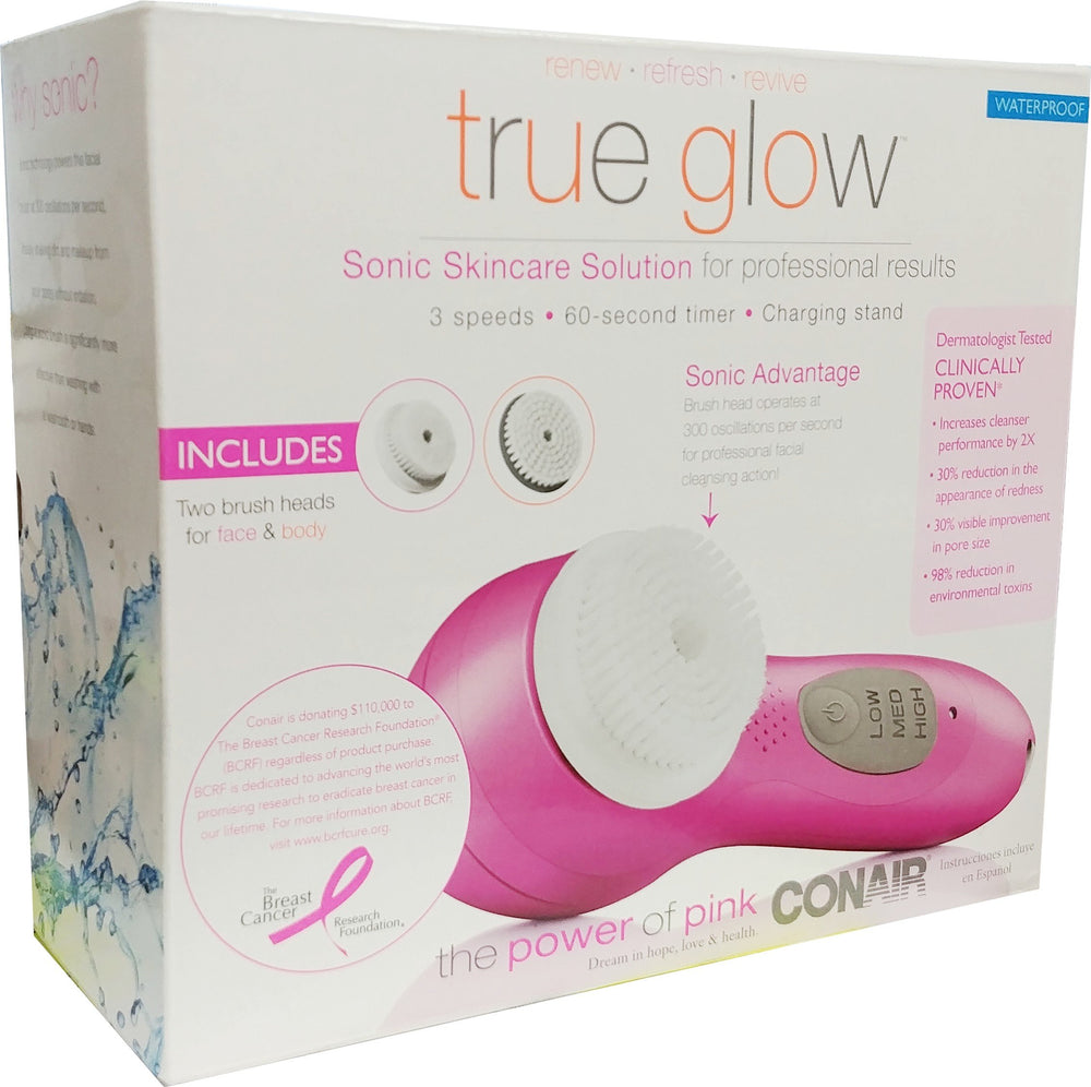 Conair True Glow brosse faciale sonique, utilisation sous la douche pour un nettoyage en profondeur.