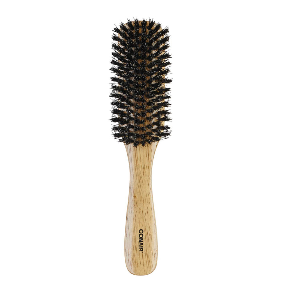 Brosse Conair Wood Flair poils de sanglier mélangés pour brillance naturelle.
