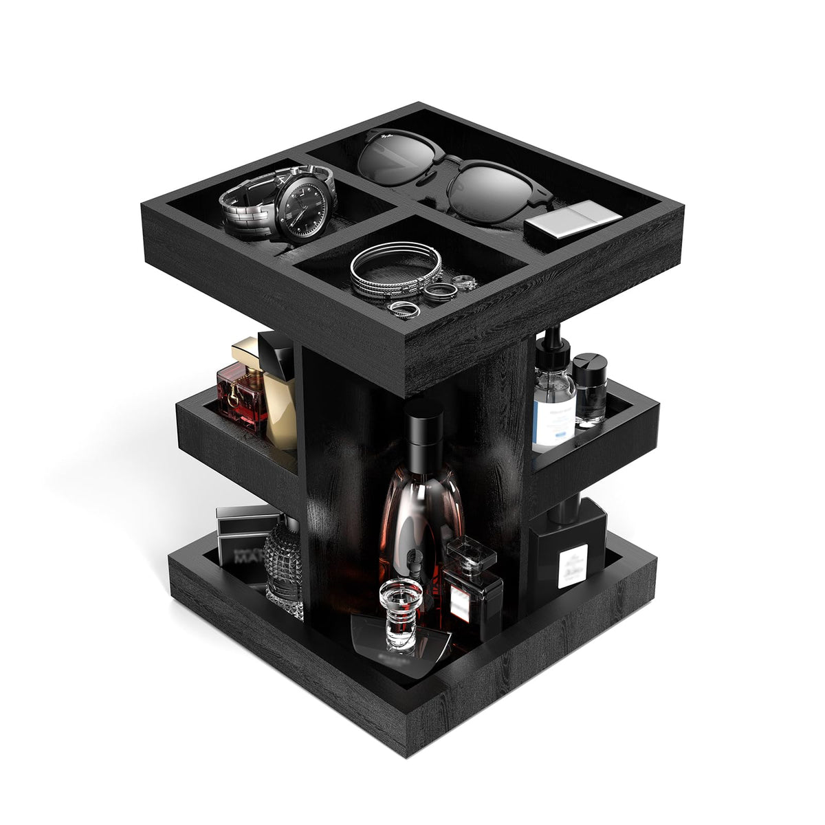 Coneqwliy étiquette bois noir, 3 niveaux pour colognes et petits articles.
