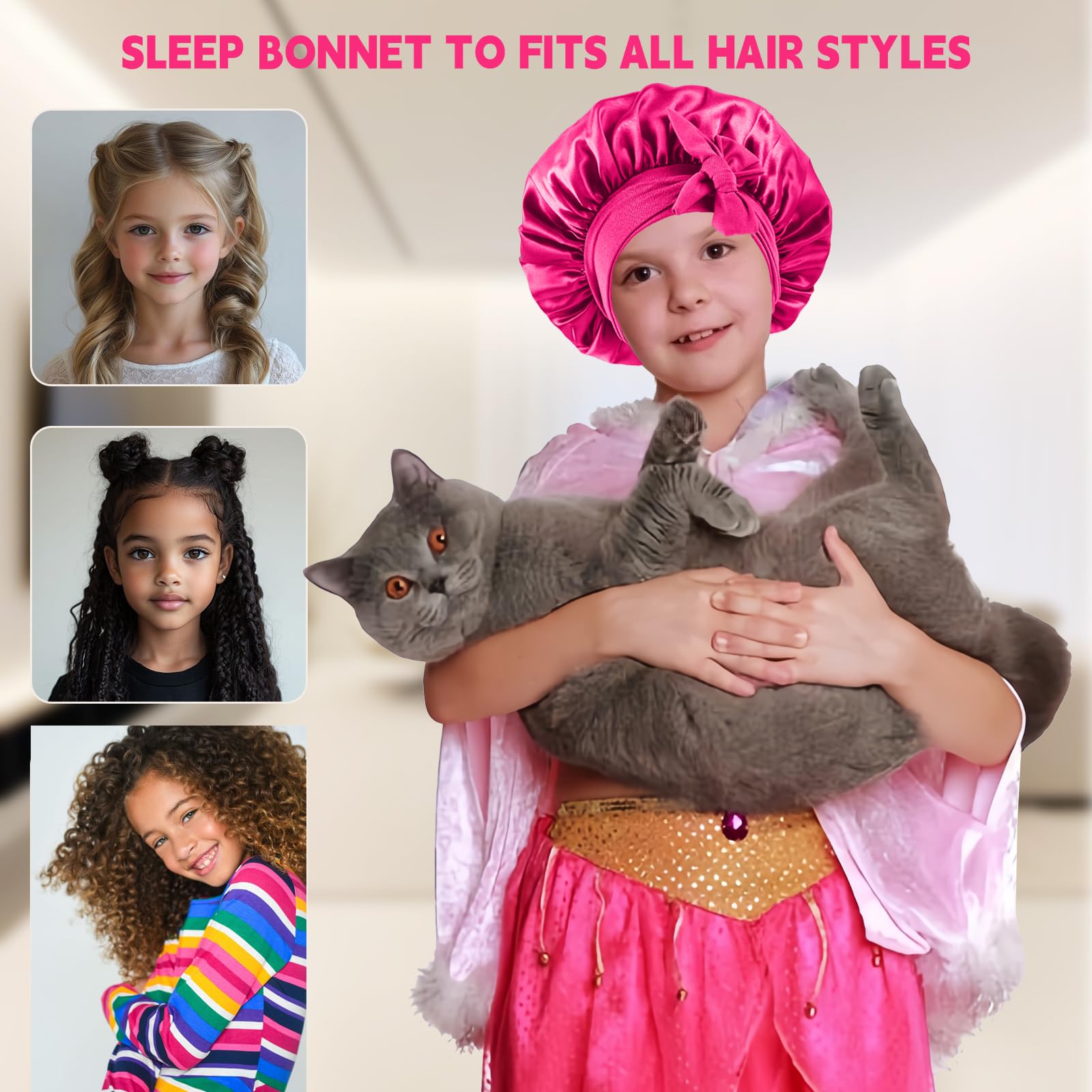 Bonnets Confvrter en satin rose pour enfants, réglage élastique et ajustement sûr