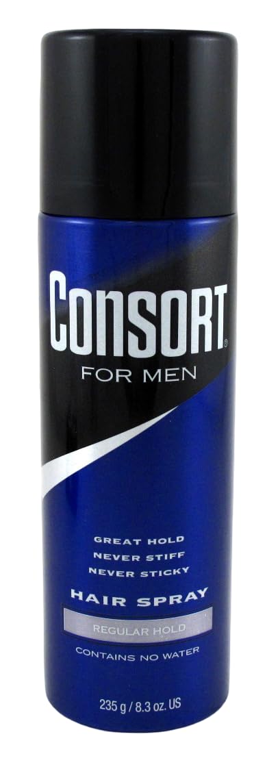 Consort Hair Spray : emballage élégant sur l’étagère de salle de bains.