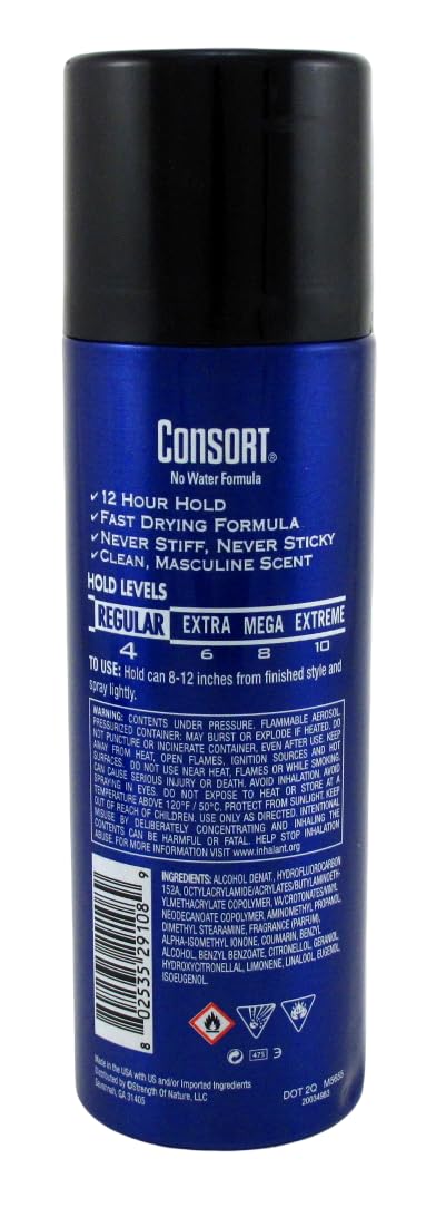 Consort Hair Spray : tenue régulière pendant 12 heures sans effort visible.