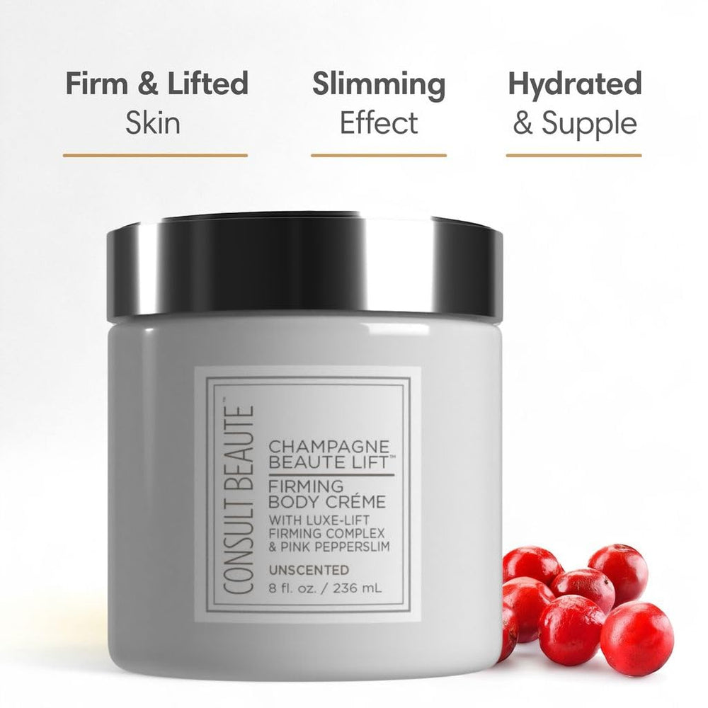 Consult Beaute Crème Corps Champagne Lift, emballage élégant et produit sans parfum.