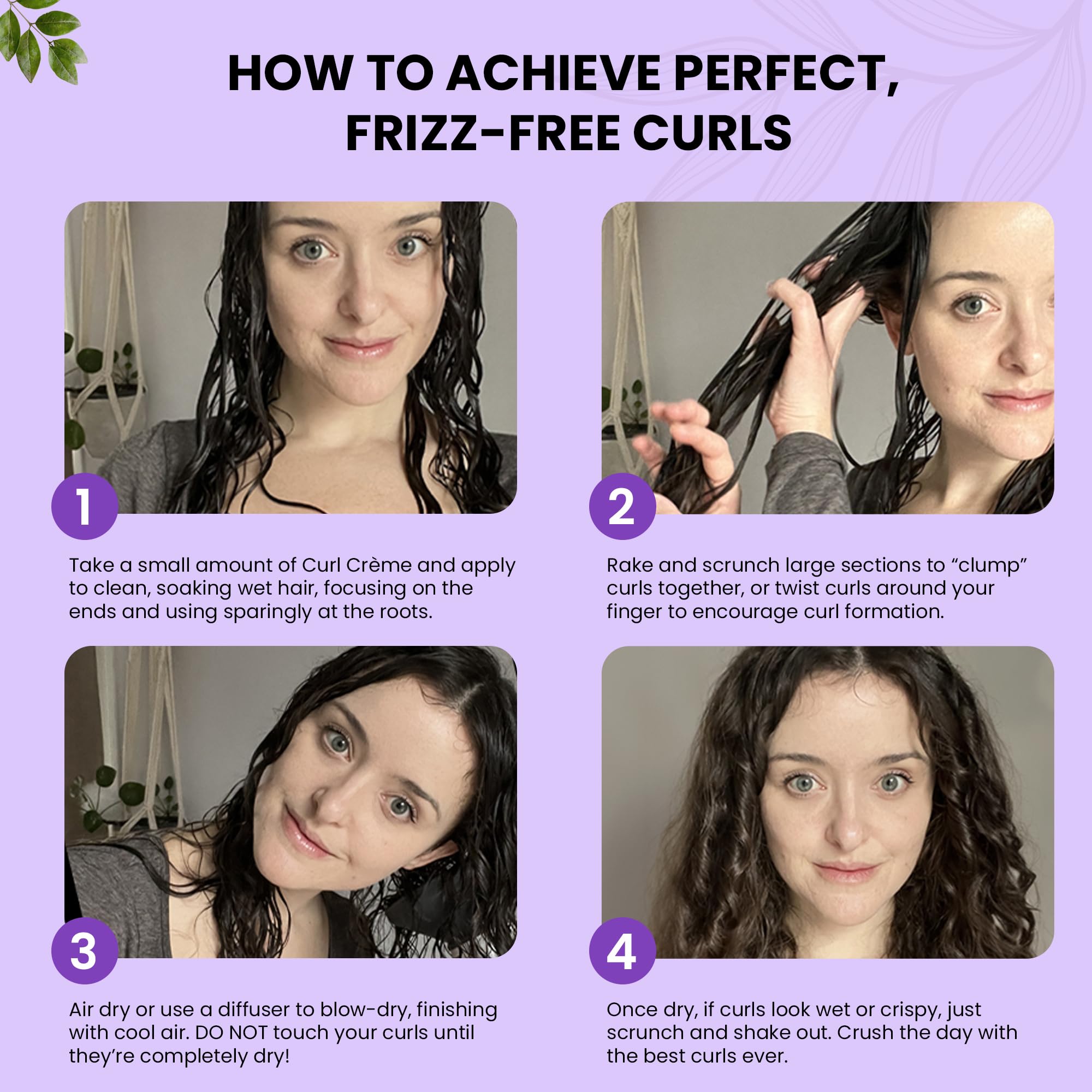 Application sur cheveux humides et séchage pour des boucles rebondies.