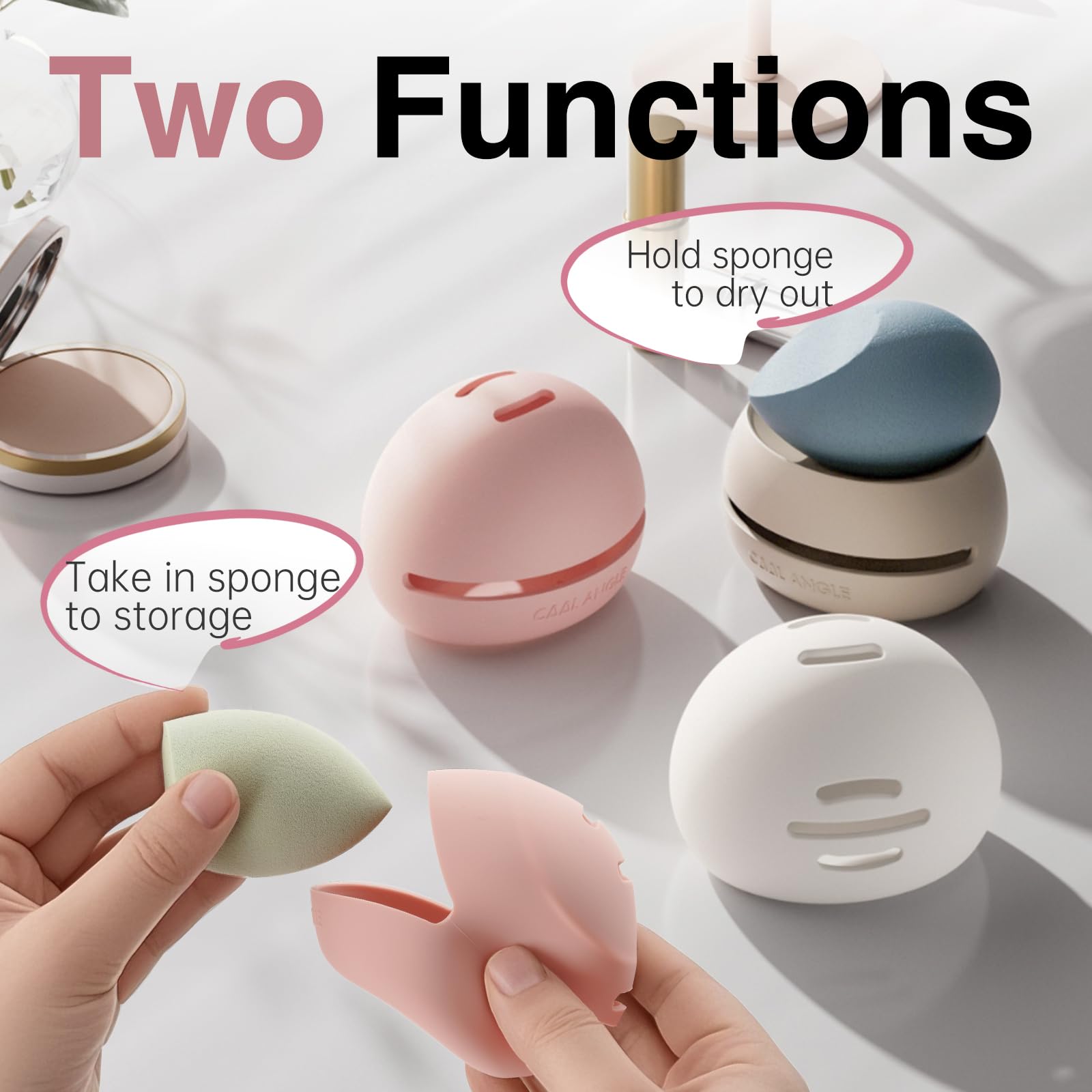 Éponges maquillage rangées dans Cool-Angle, rangement hygiénique.