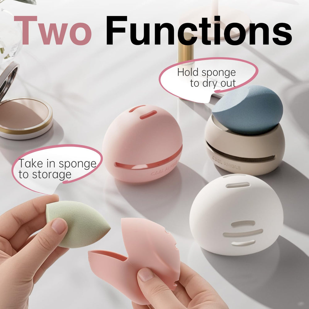 Éponges maquillage rangées dans Cool-Angle, rangement hygiénique.