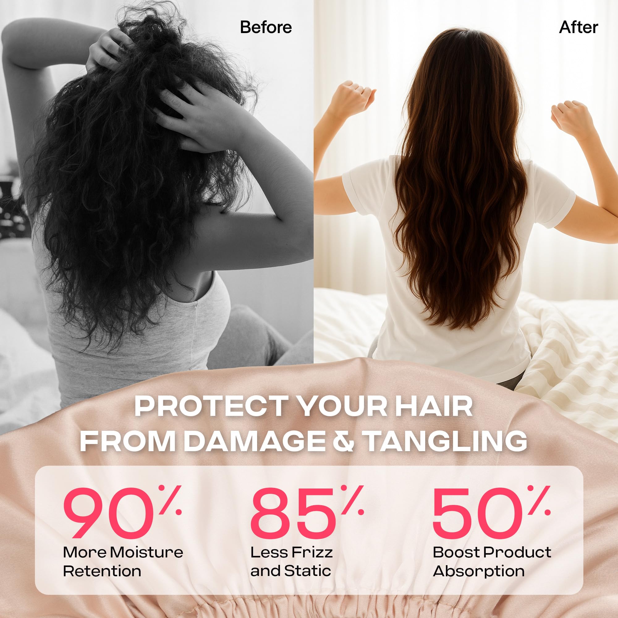 Bonnet CoolMate anti-frizz rose pour des réveils plus nets.