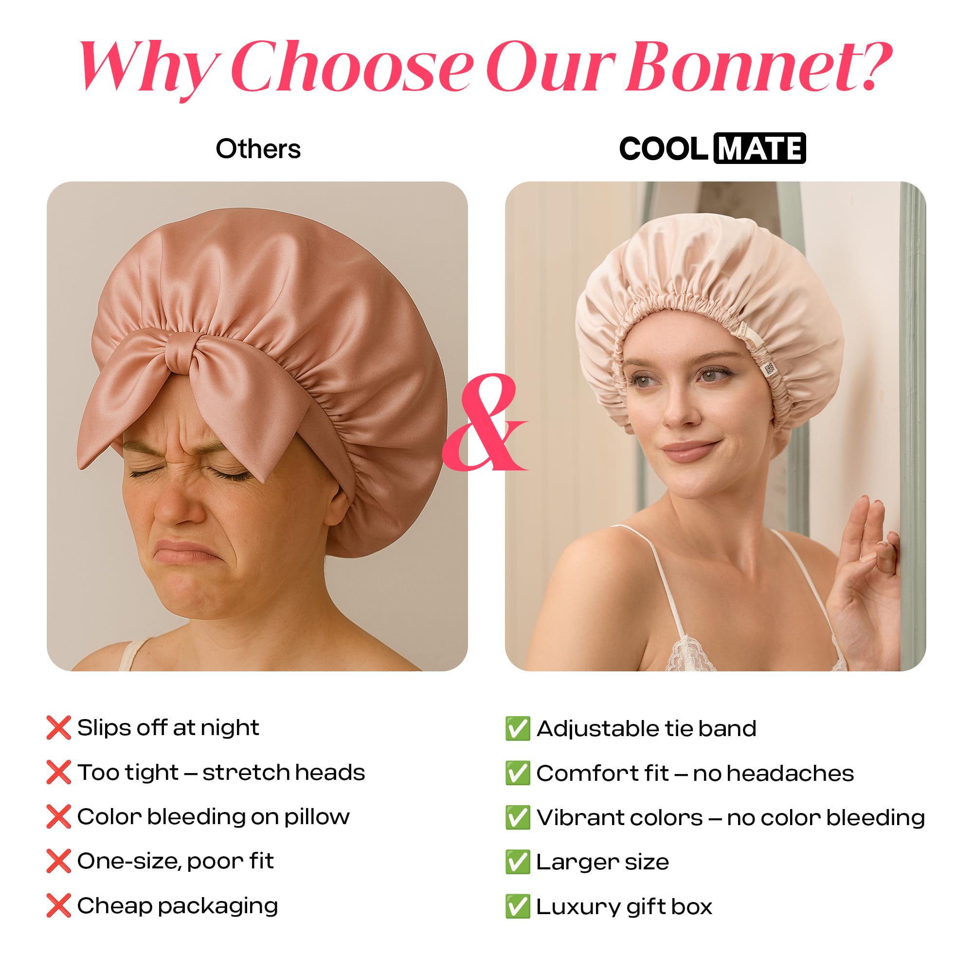 Bonnet CoolMate nuit enveloppe légère et douce pour cheveux longs.