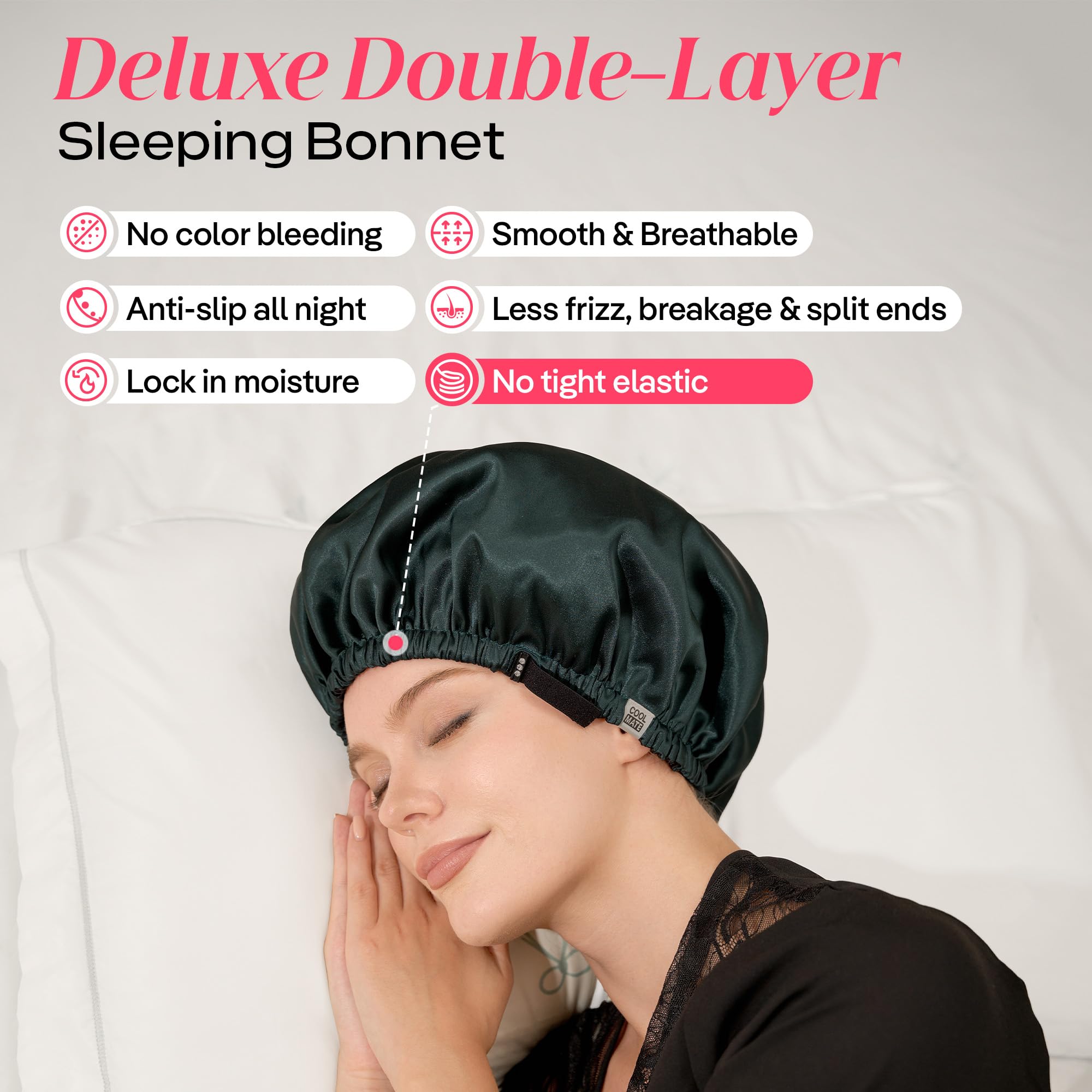 CoolMate bonnet satin ajustable lacet: maintien sécurisé sans tension.