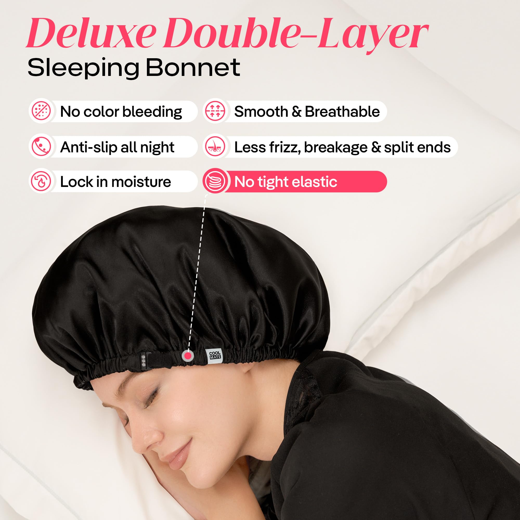 Bonnet CoolMate satin de soie anti-transfert de couleur sur oreiller.