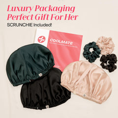 Design réversible du bonnet CoolMate en satin de soie offrant deux looks.