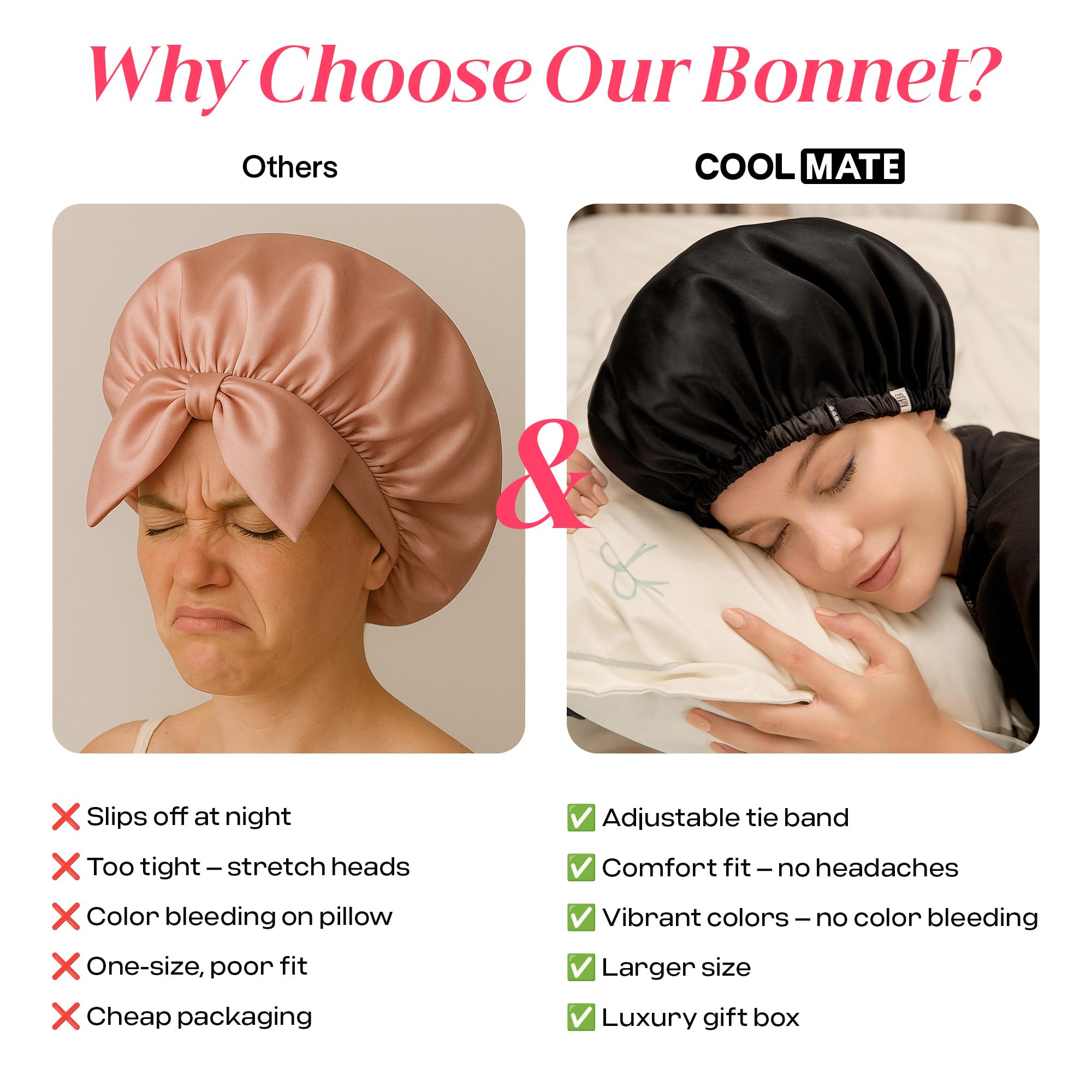 Utilisation nocturne avec le bonnet CoolMate protège les boucles et retient l'hydratation.