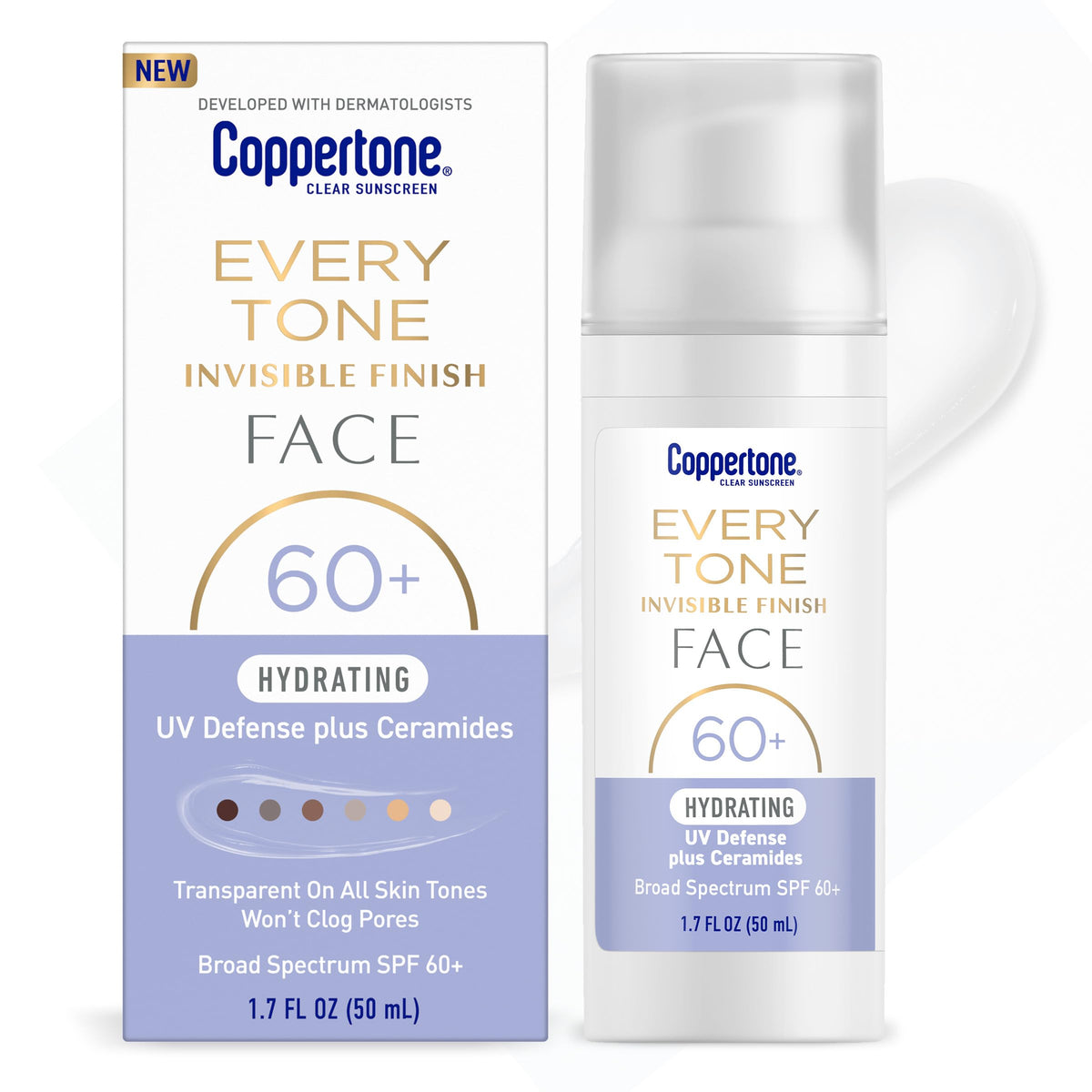 Coppertone Every Tone, fini invisible sur bouteille-pompe 50ml, hydratation légère.