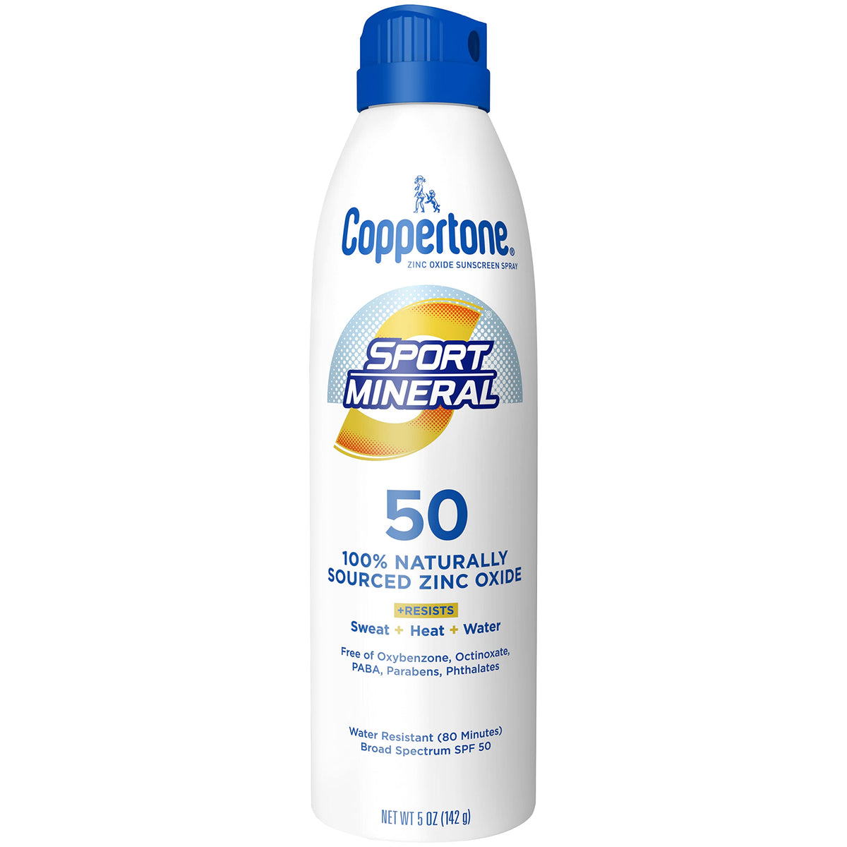 Coppertone Sport Mineral SPF 50, pulvérisateur-application rapide sur la peau pour une protection durable.