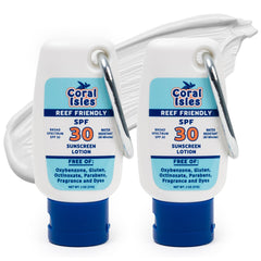 Coral Isles crème solaire SPF30 en bouteille, protection fiable lors des sorties plage.