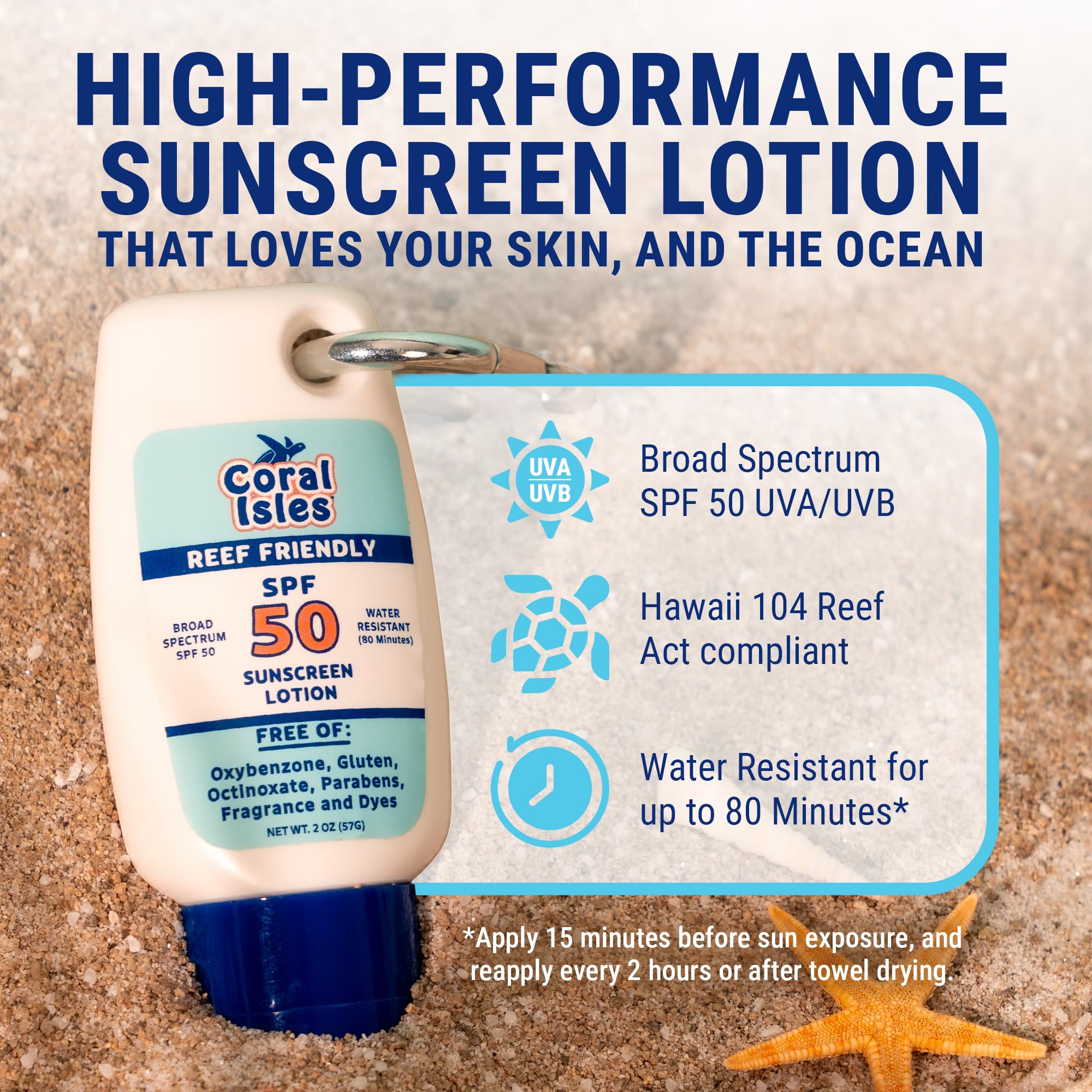 Coral Isles écran solaire Hawaii SPF50 avec clip mousqueton pratique pour sac.