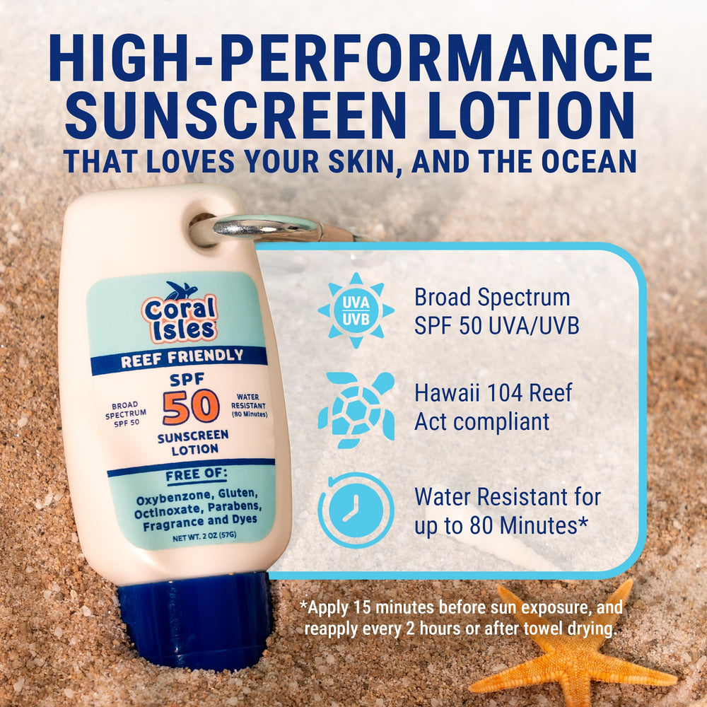 Coral Isles écran solaire Hawaii SPF50 avec clip mousqueton pratique pour sac.