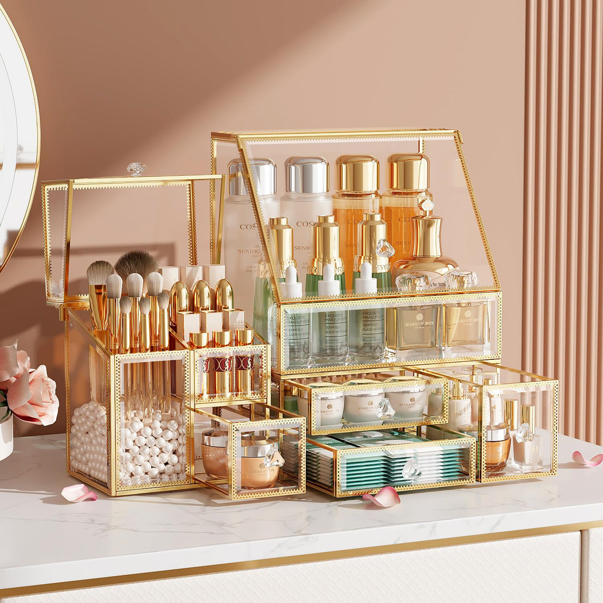 CoralHouse Organisateur-maquillage: verre clair avec cadre dore, rangement élégant sur votre coiffeuse