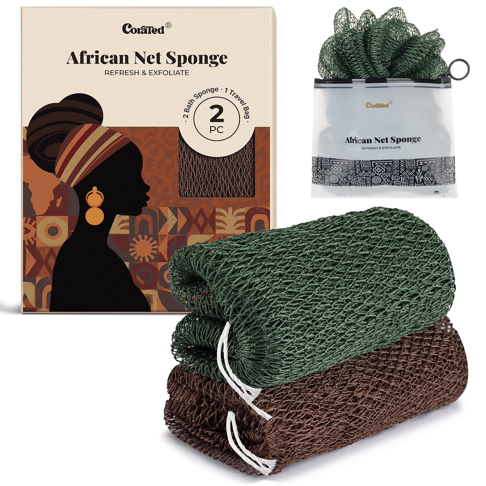 Éponge filet africaine CORATED prête pour la douche, exfoliante et purifiante.