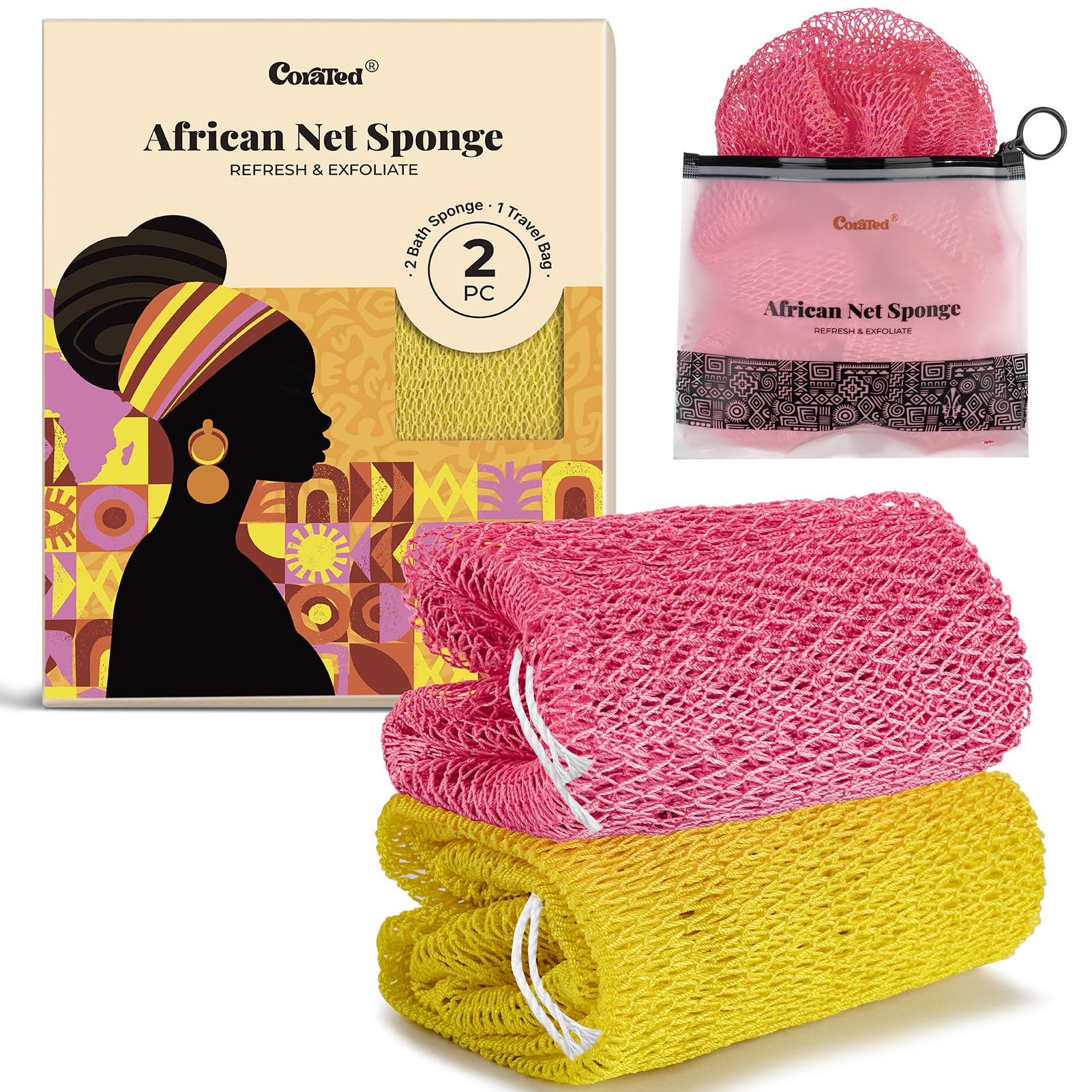 CORATED eponge reseau africain rose jaune texture: exfoliation efficace et peau plus lisse